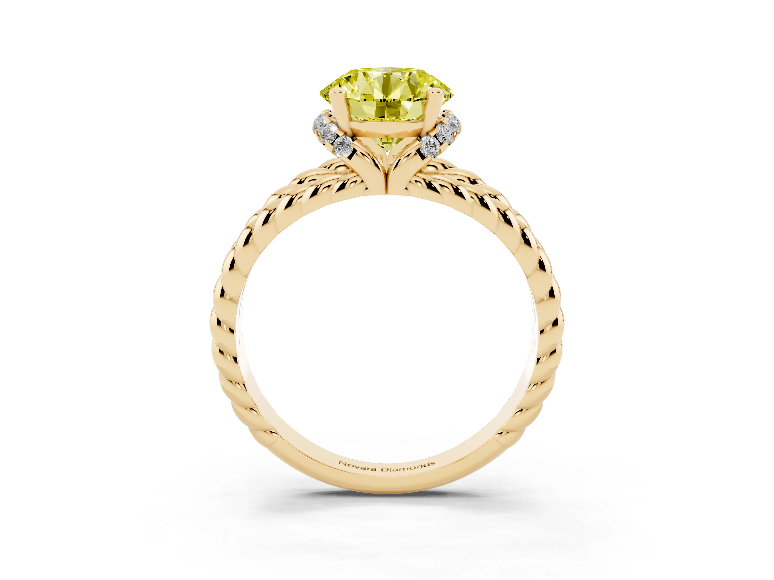 Fancy Yellow Round Cut Diamond Halo Ring Set in Yellow gold with Twisted Band and Prong Setting