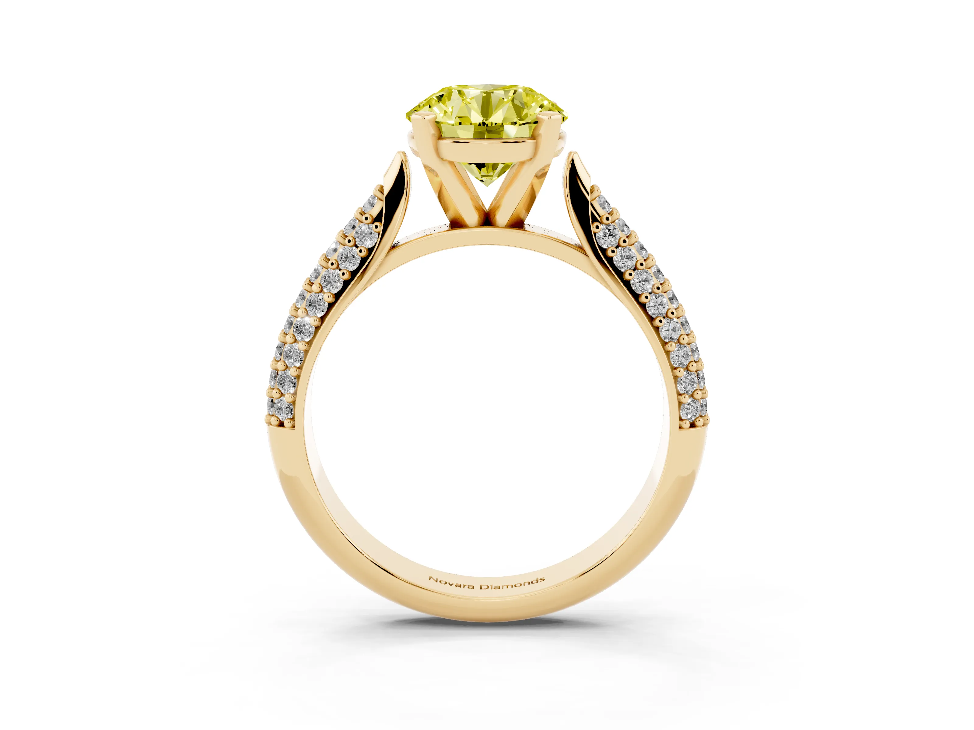 Fancy Yellow Round Cut Diamond Solitaire Engagement Ring Set in Yellow gold with Multi-Row Round Pavé Band and Prong Setting