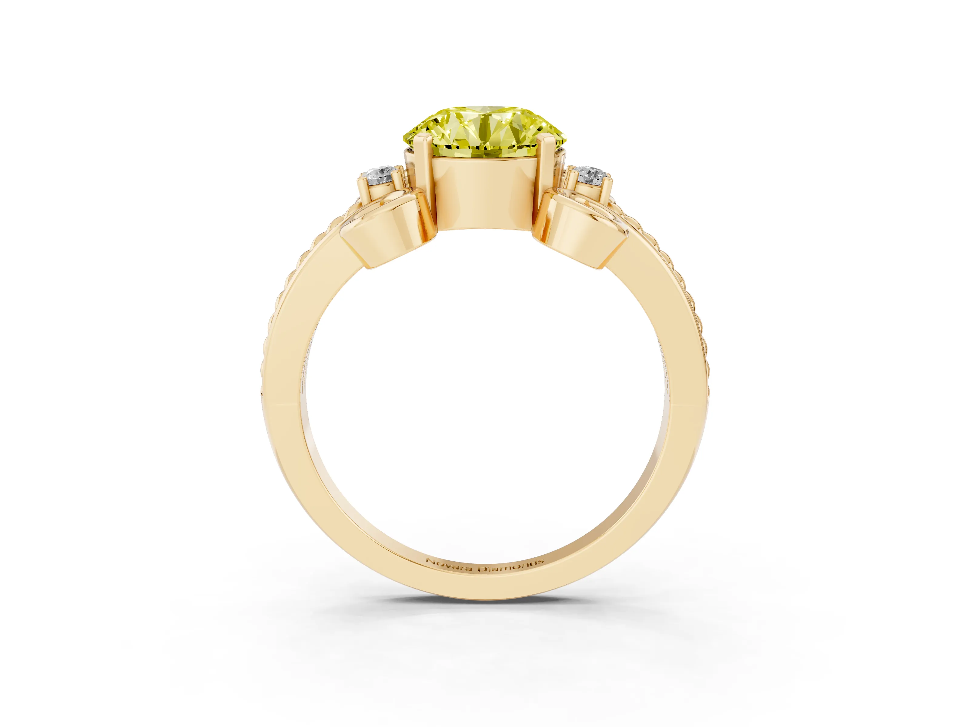 Fancy Yellow Round Cut Diamond Twisted Band Solitaire Ring Set in Yellow gold with Scroll Prongs