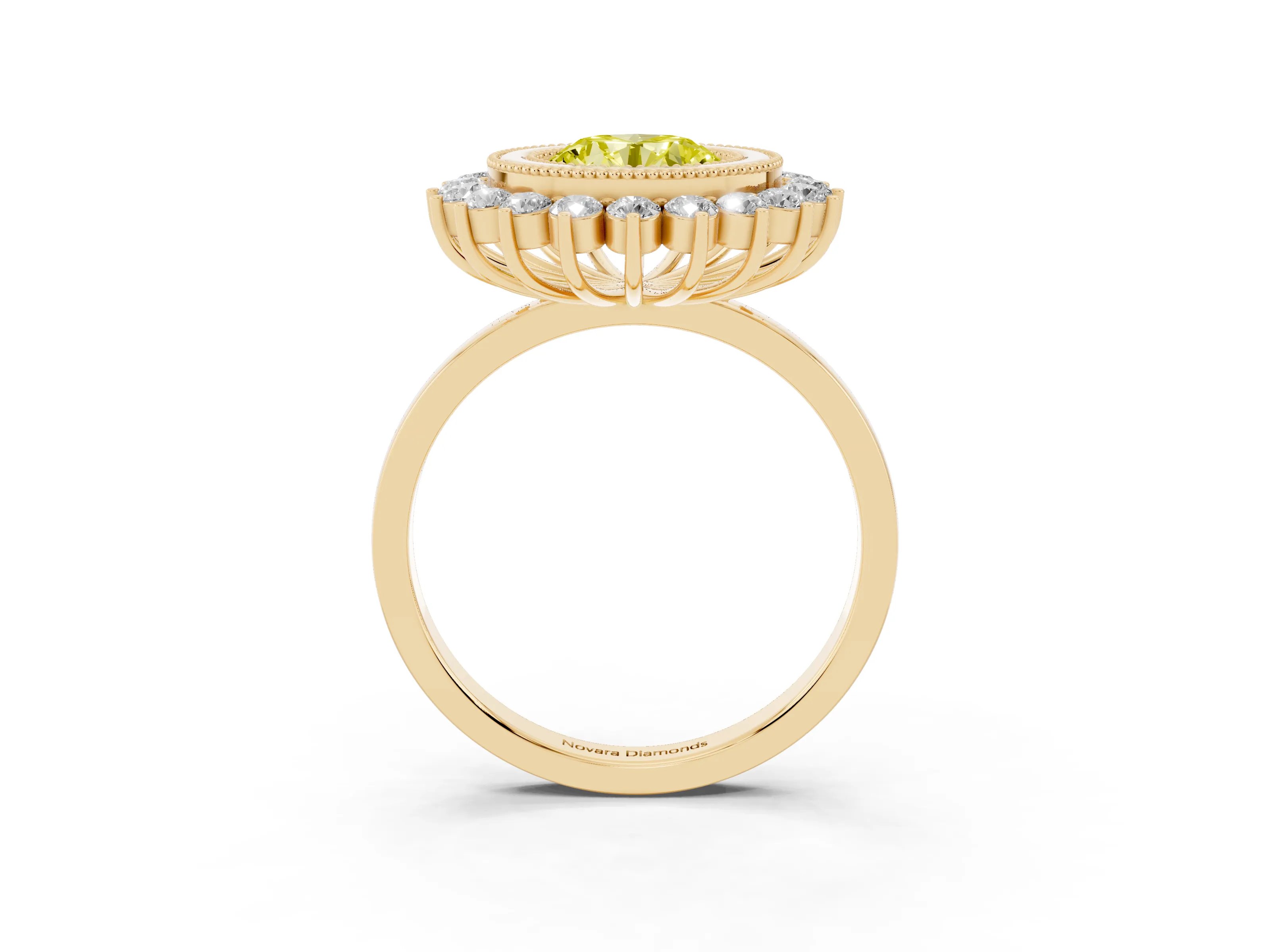 Fancy Yellow Round Cut Diamond Halo Ring Set in Yellow gold with Milgrain Edge and Round Prong Setting