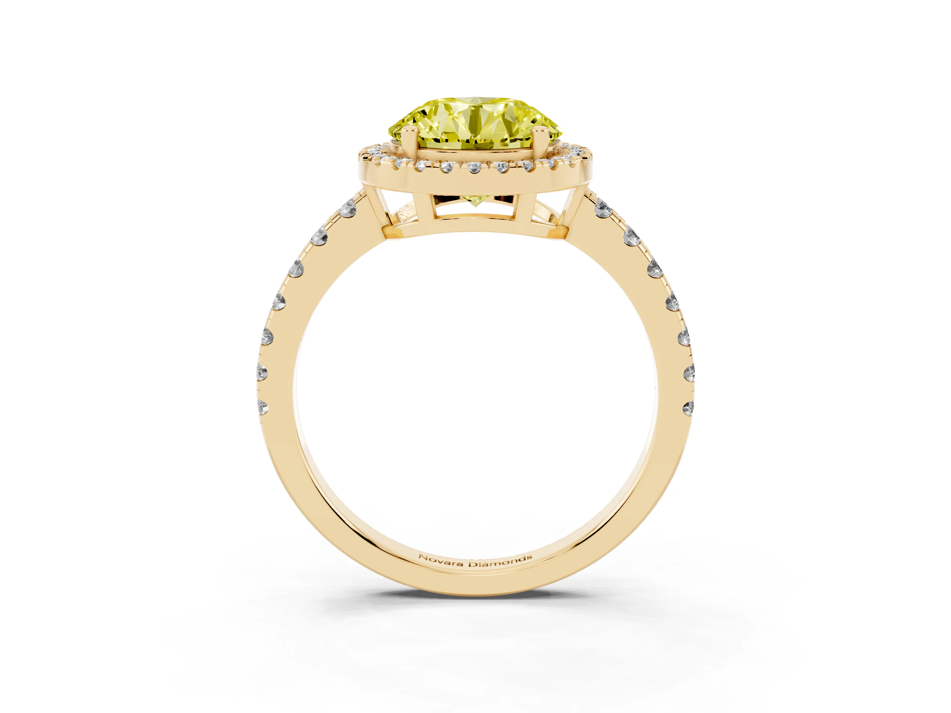 Fancy Yellow Round Cut Diamond Halo Ring Set in Yellow gold with Delicate Pavé Band and Prong Setting