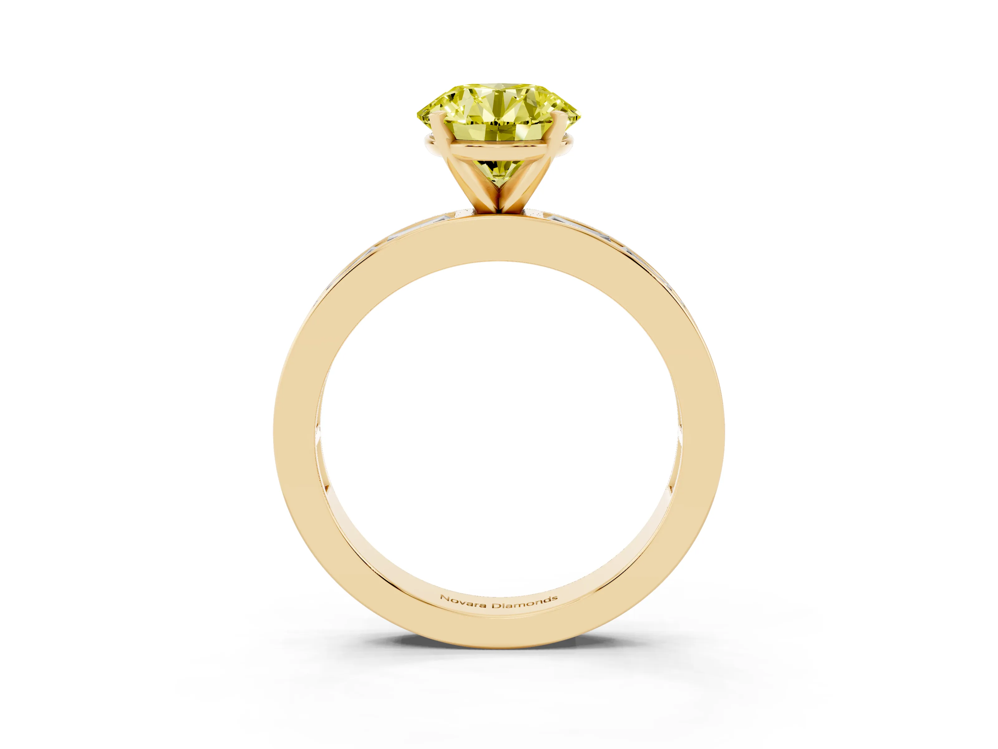 Fancy Yellow Round Cut Diamond Solitaire Ring Set in Yellow gold with Channel-Set Baguette Band and Prong Setting