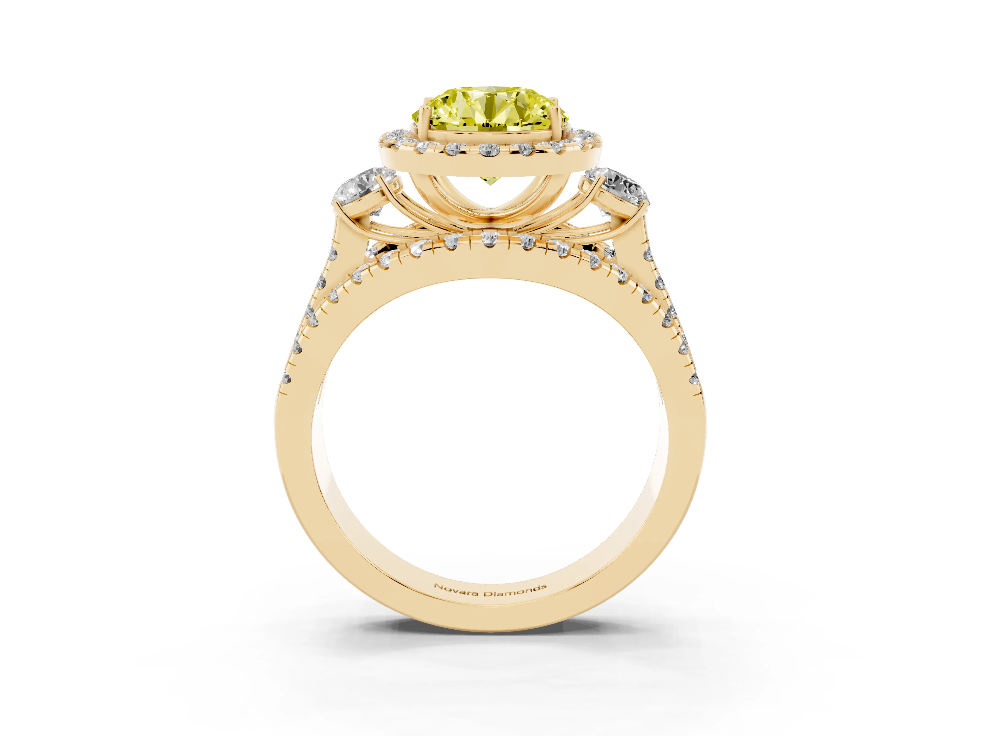 Fancy Yellow Round Cut Diamond Halo Split Shank Ring Set in Yellow gold with Round Accent Stones and Prong Setting