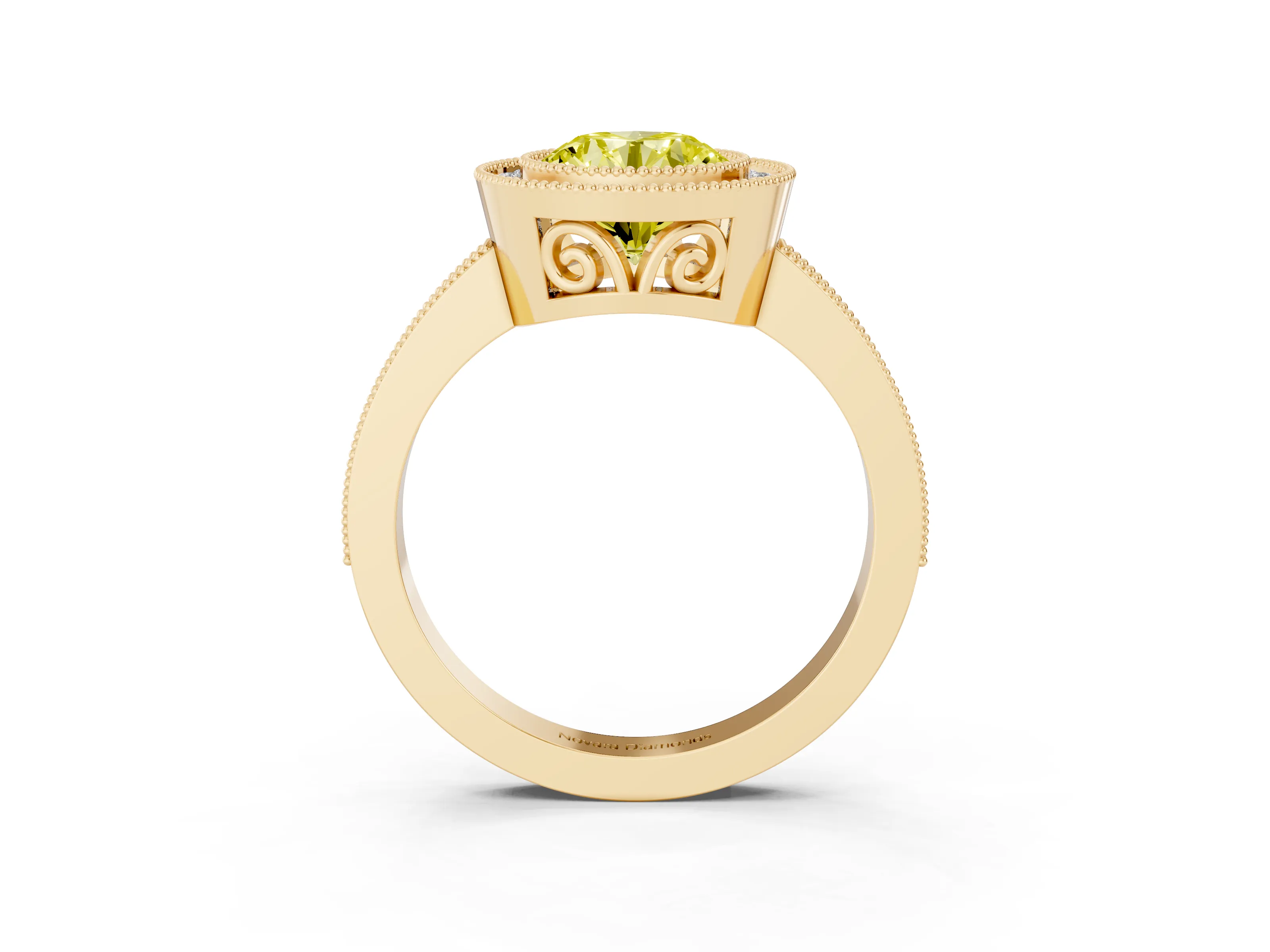Fancy Yellow Round Cut Diamond Halo Ring Set in Yellow gold with Pavé Band and Milgrain-Edged Prongs