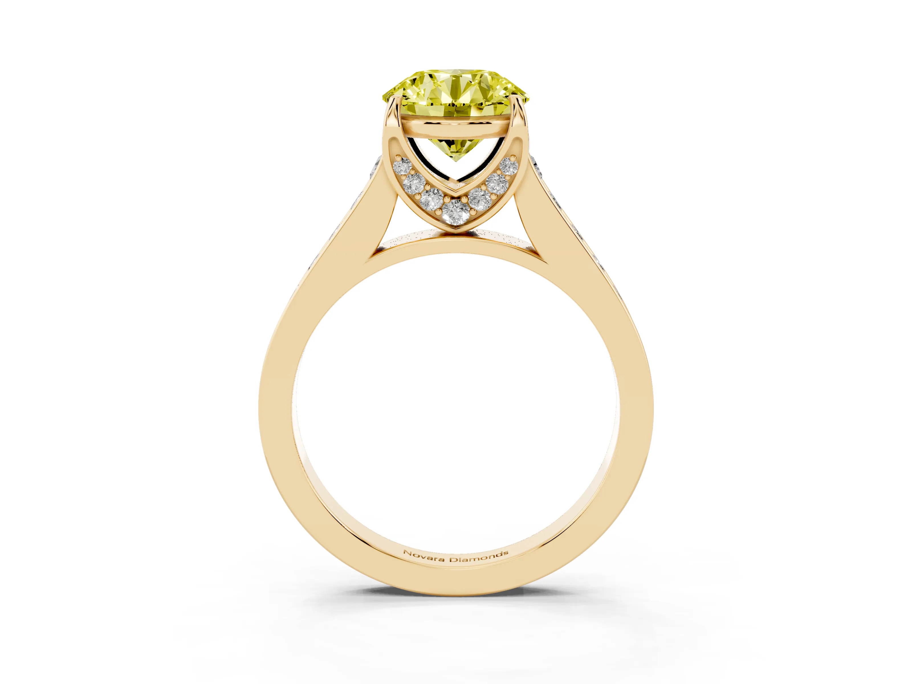 Fancy Yellow Round Cut Diamond Solitaire Pavé Engagement Ring Set in Yellow gold with Prong Setting