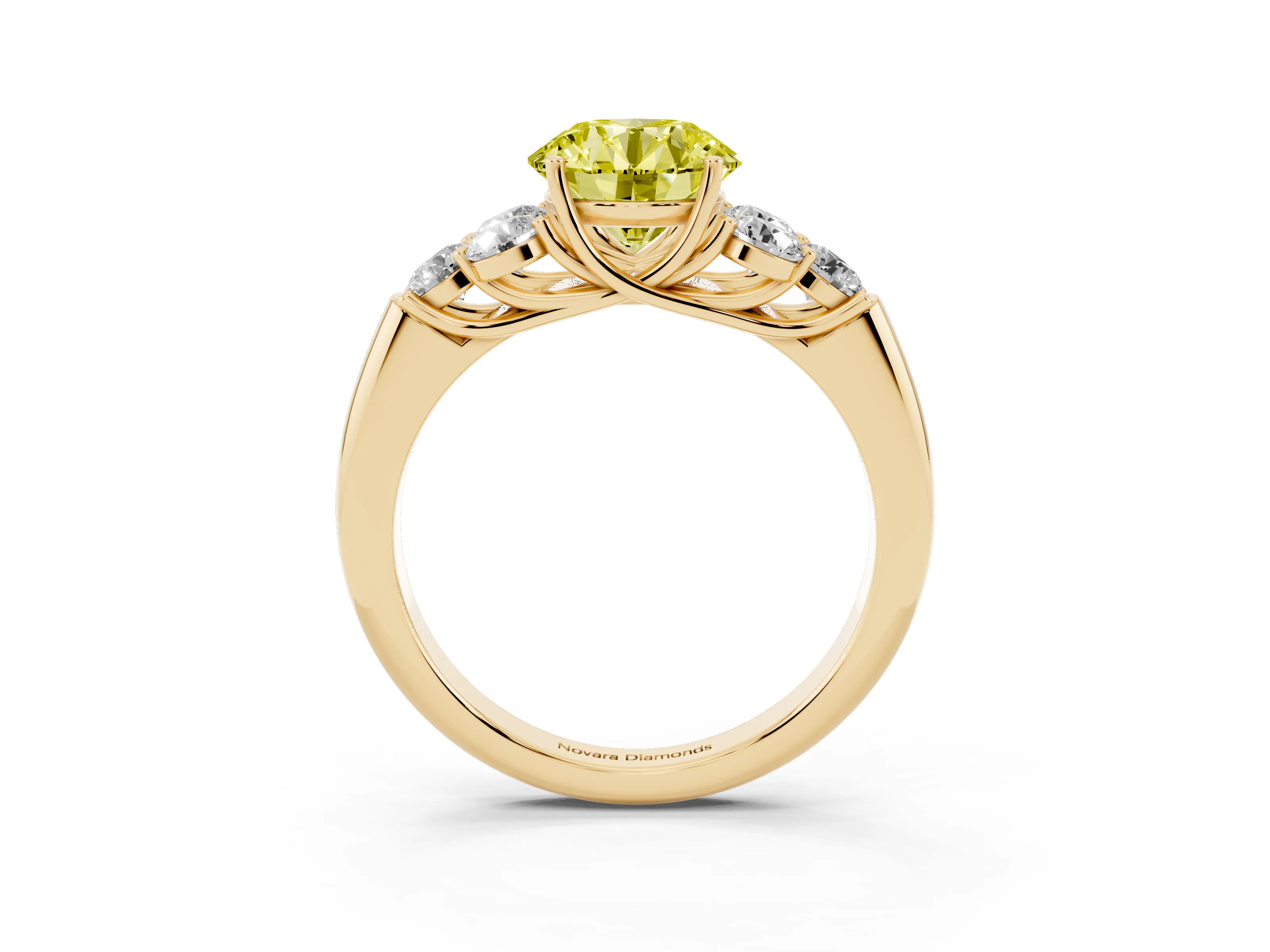 Fancy Yellow Round Cut Diamond Cluster Ring Set in Yellow gold with Round Accent Stones and Prong Setting on a Plain Band