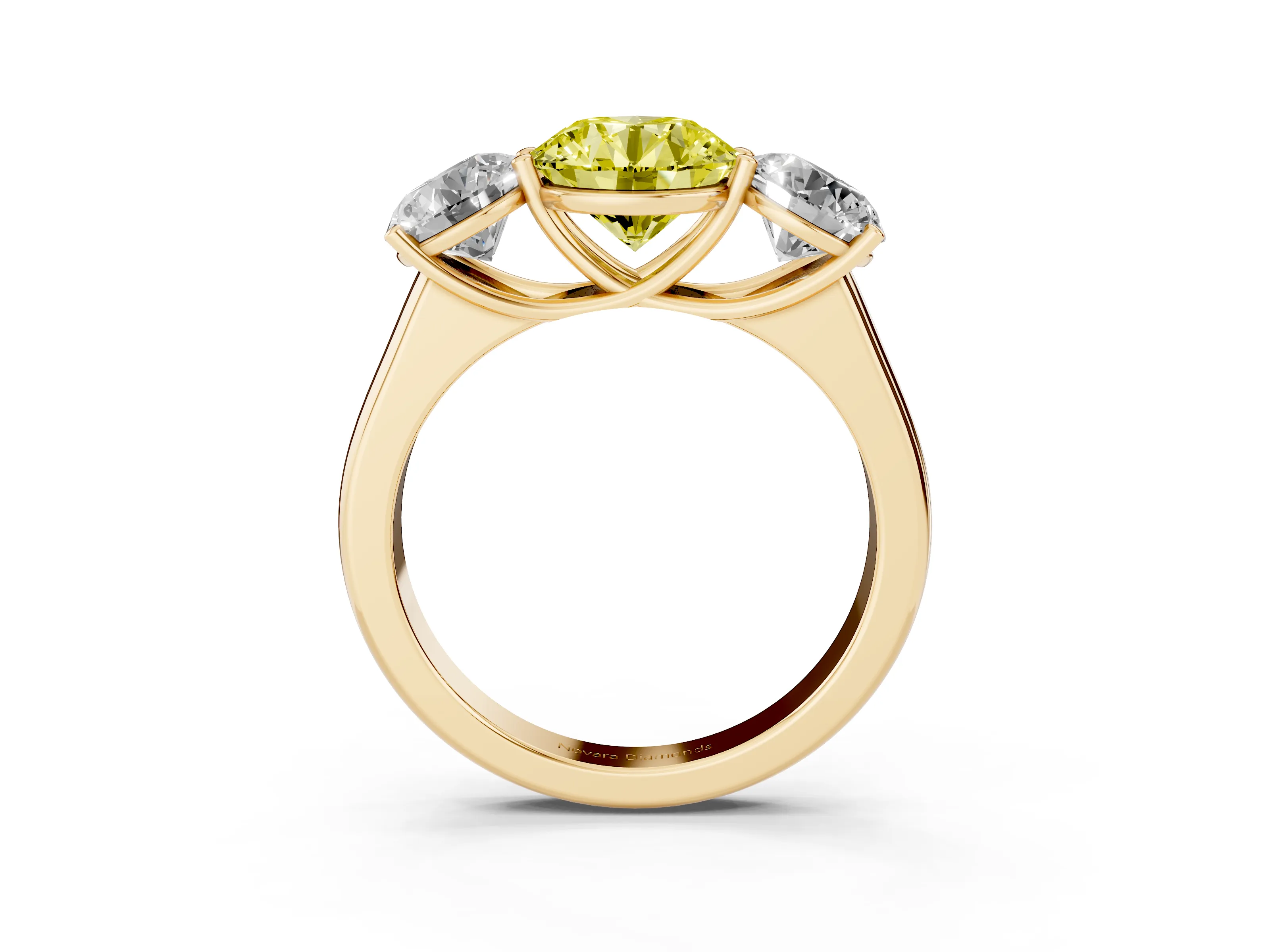 Fancy Yellow Round Cut Diamond Three-Stone Ring Set in Yellow gold with Plain Polished Band
