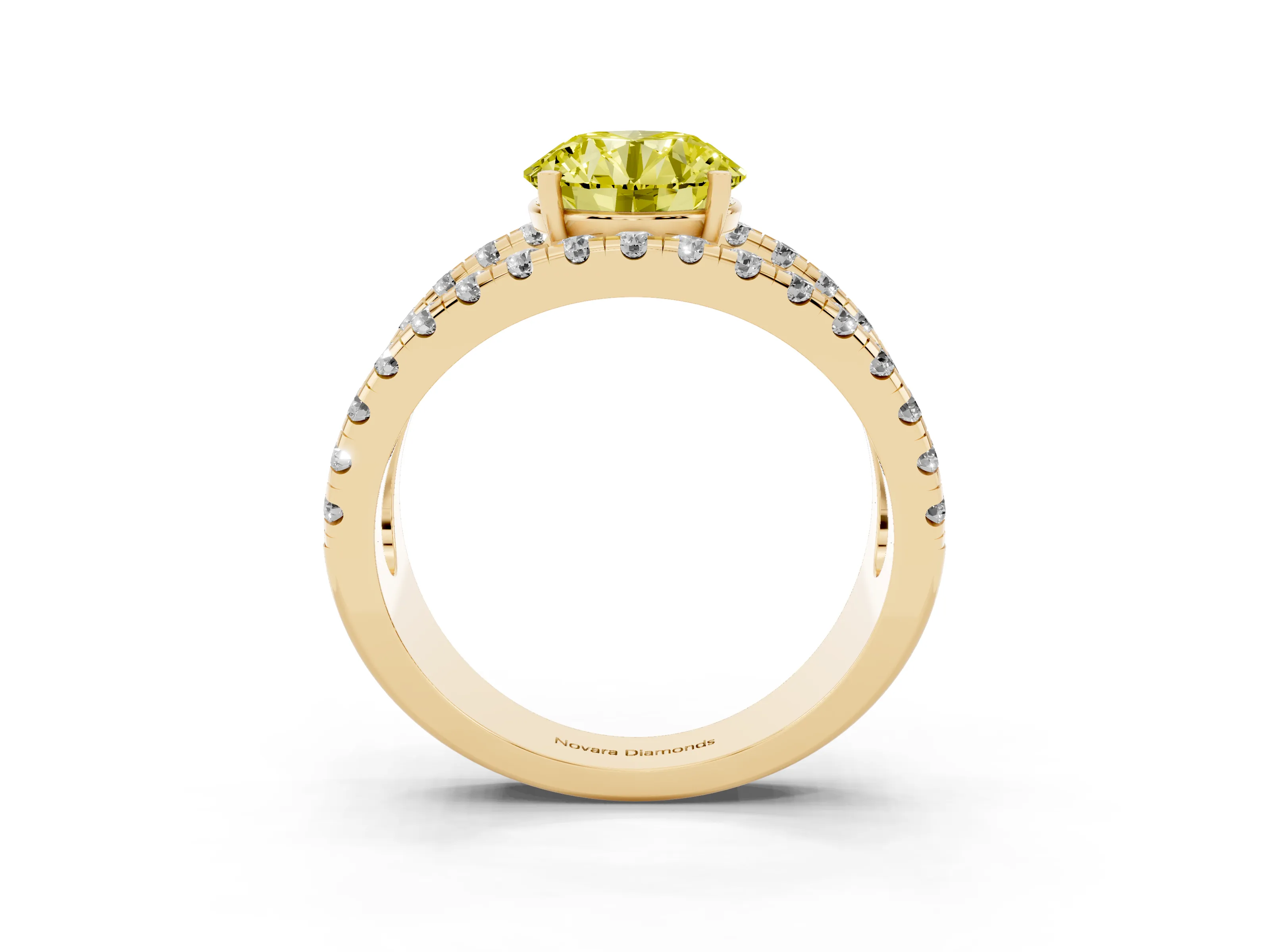 Fancy Yellow Round Cut Diamond Split Shank Pavé Solitaire Ring Set in Yellow gold with Open Shank Design