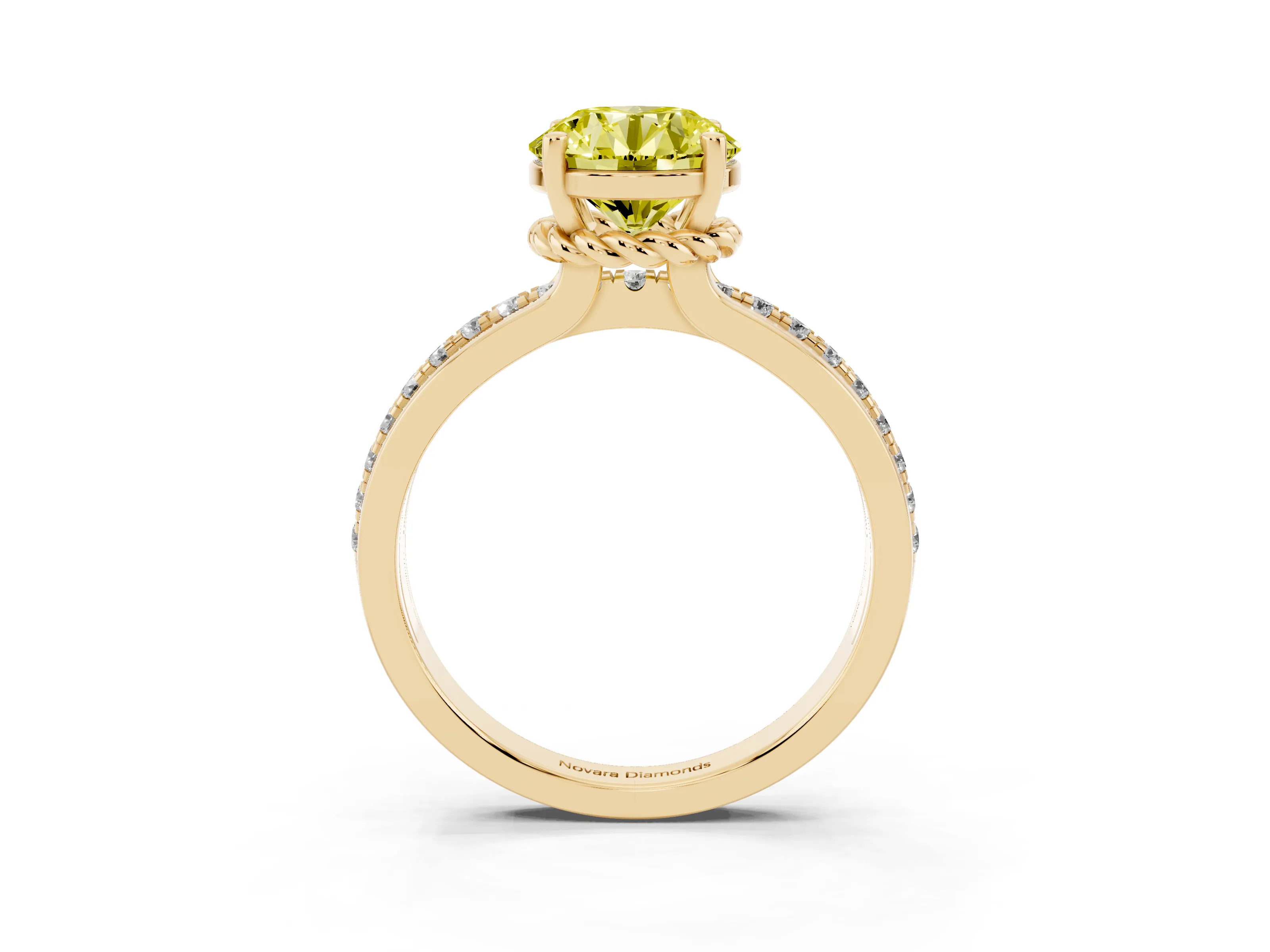 Fancy Yellow Round Cut Diamond Solitaire Ring Set in Yellow gold with Channel Set Band and Prong Setting