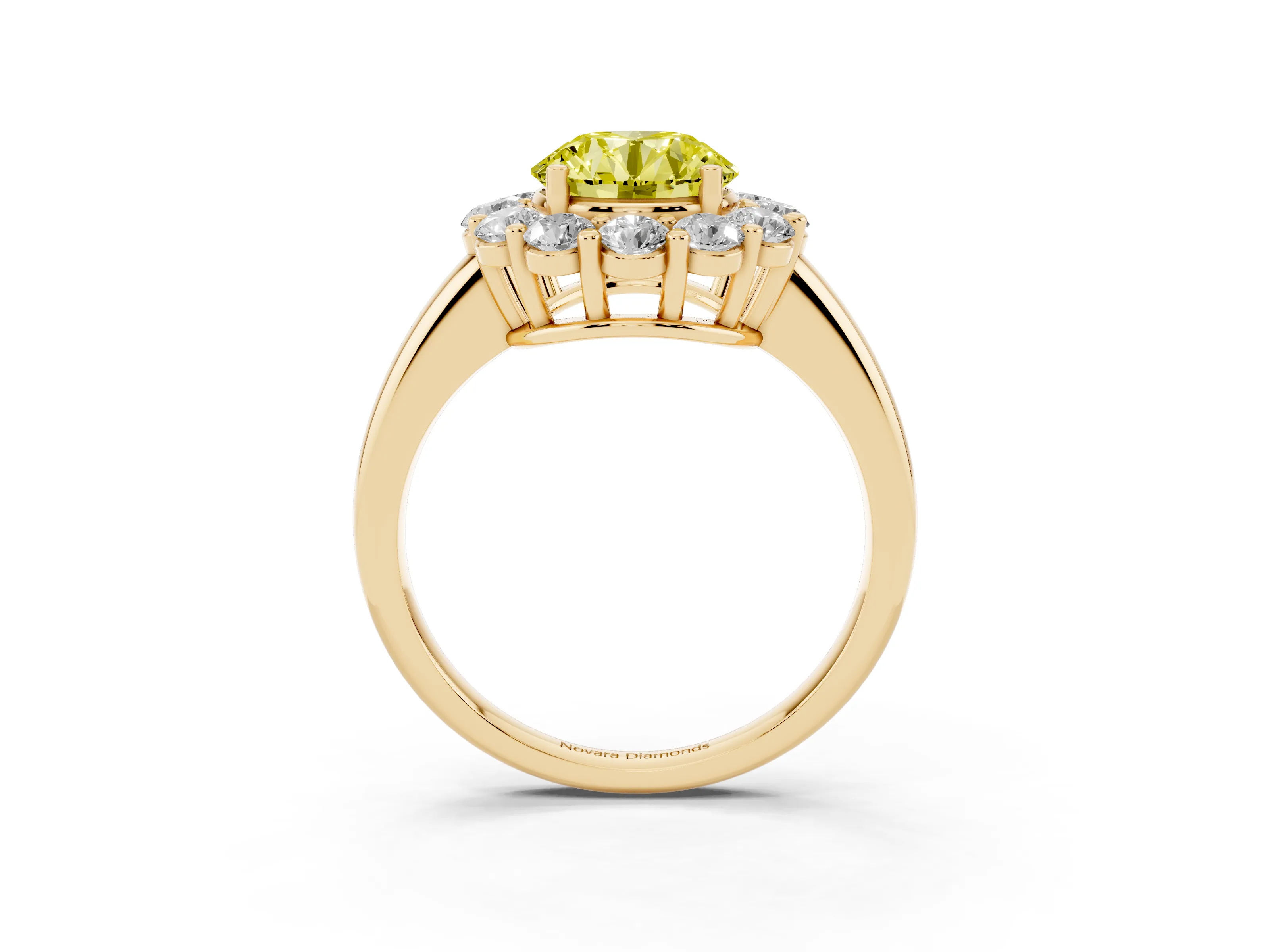 Fancy Yellow Round Cut Diamond Halo Cluster Engagement Ring Set in Yellow gold with Polished Band and Prong Setting