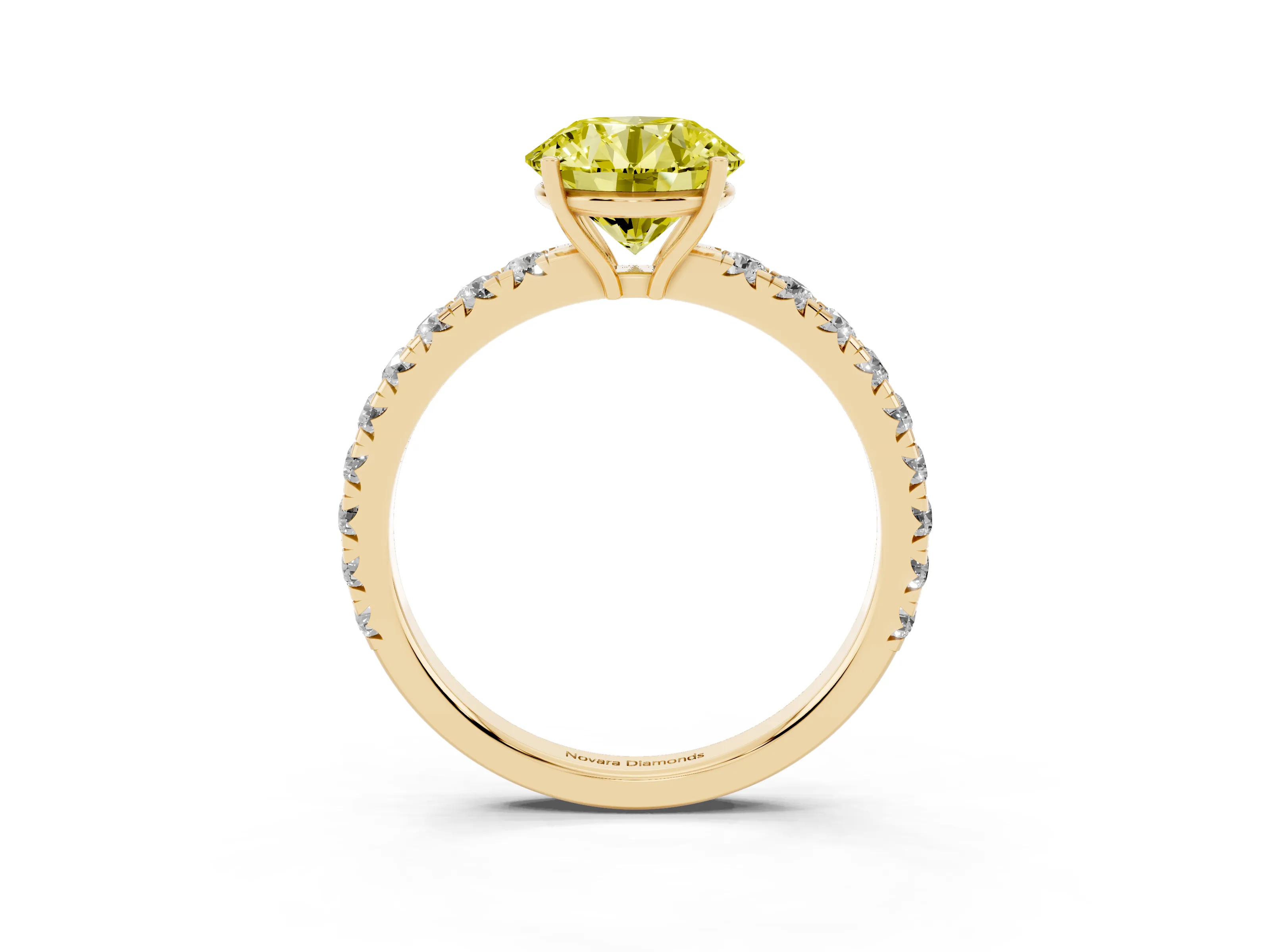Fancy Yellow Round Cut Diamond Pavé Solitaire Engagement Ring Set in Yellow gold with Prong Setting