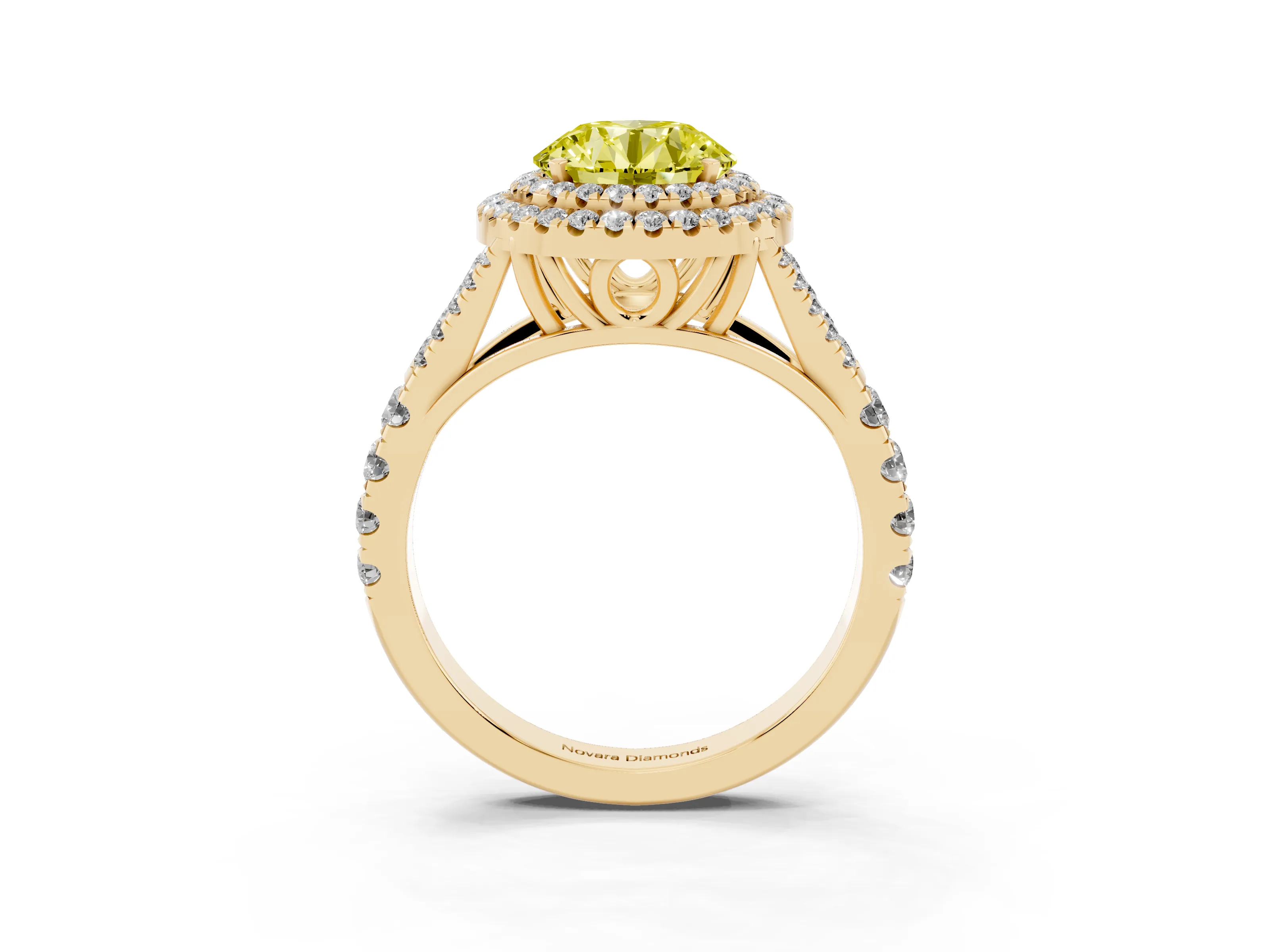 Fancy Yellow Round Cut Diamond Pavé Split Shank Double Halo Engagement Ring Set in Yellow gold
