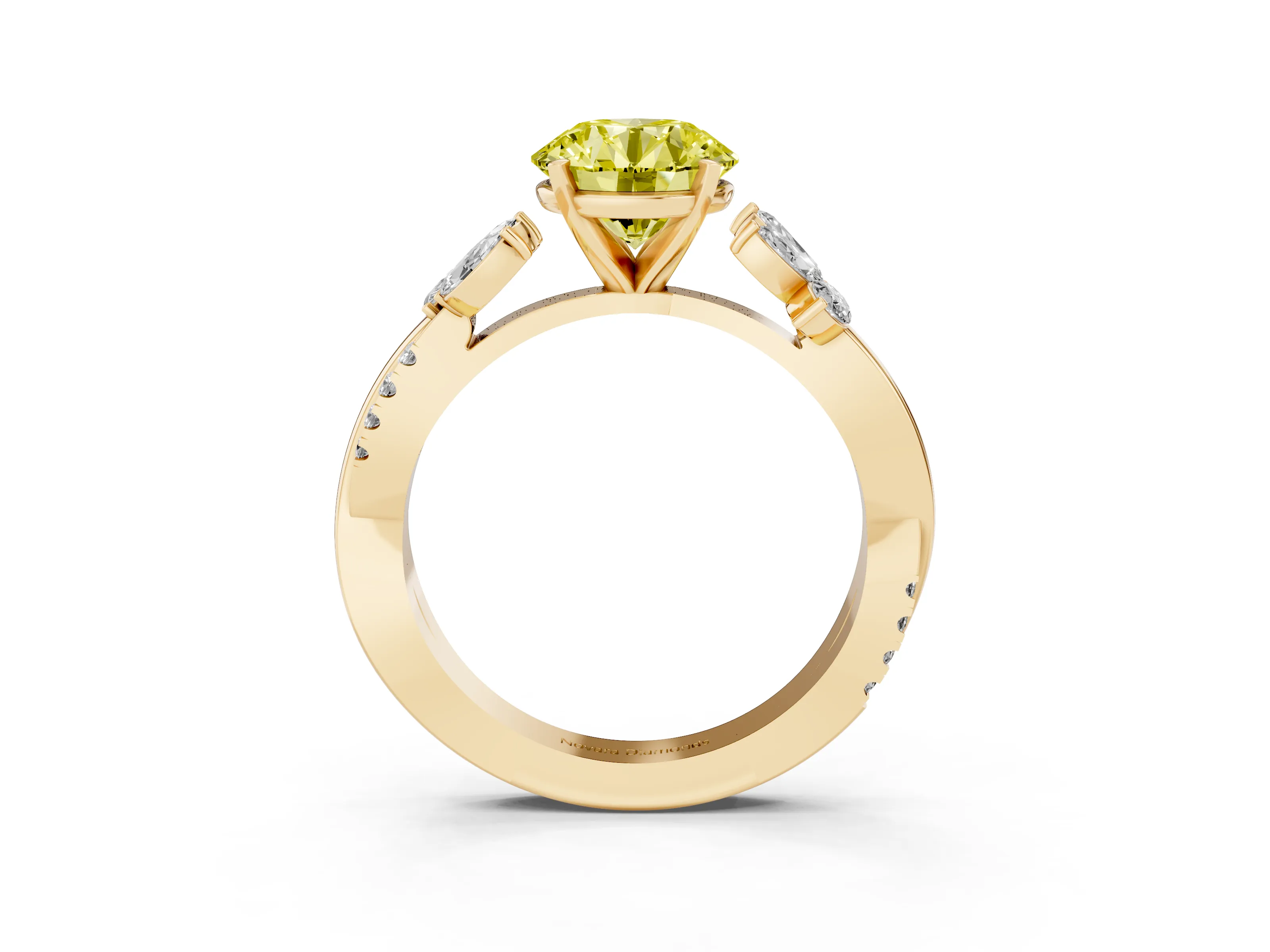 Fancy Yellow Round Cut Diamond Floral Vine Solitaire Engagement Ring Set in Yellow gold with Marquise Leaves