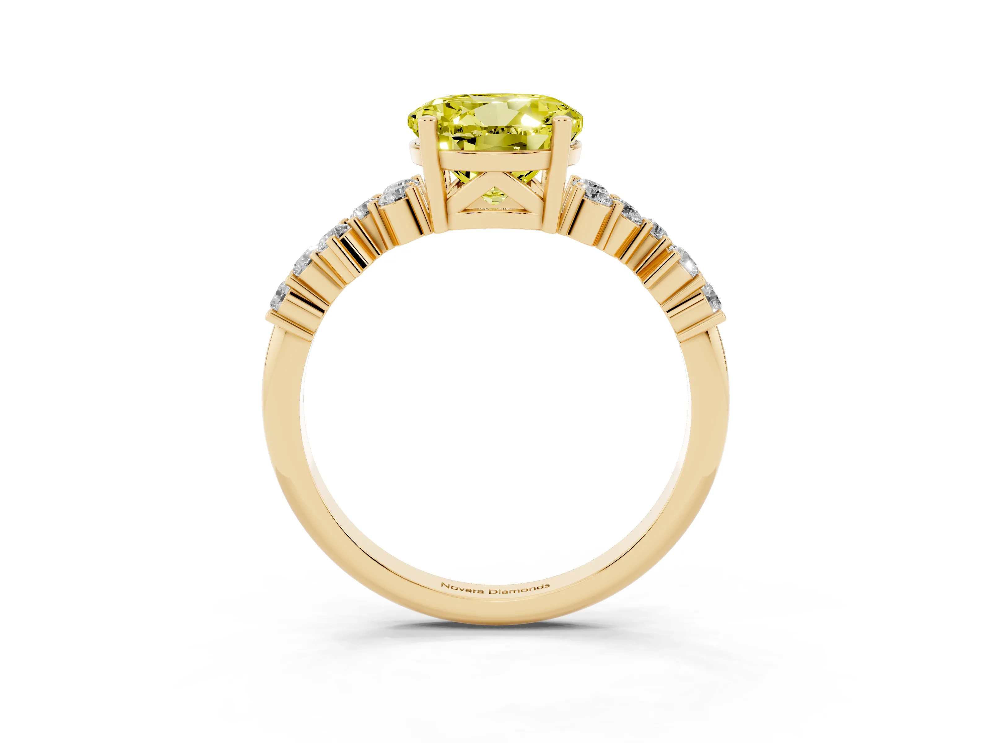 Fancy Yellow Round Cut Diamond Ring Set in Yellow gold with Scattered Round Accents
