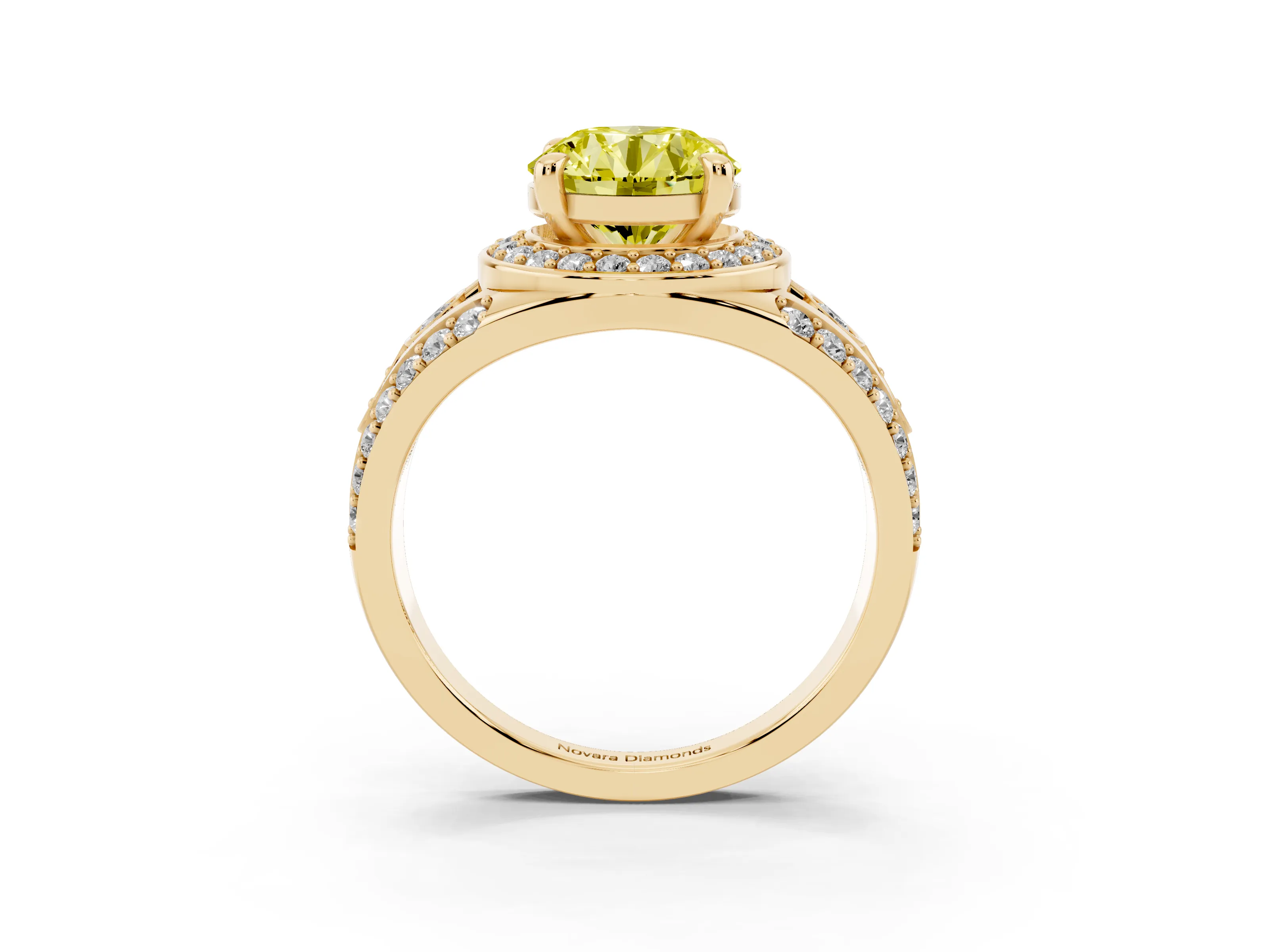Fancy Yellow Round Cut Diamond Halo Ring Set in Yellow gold with Pavé Split Shank and Bezel Accents