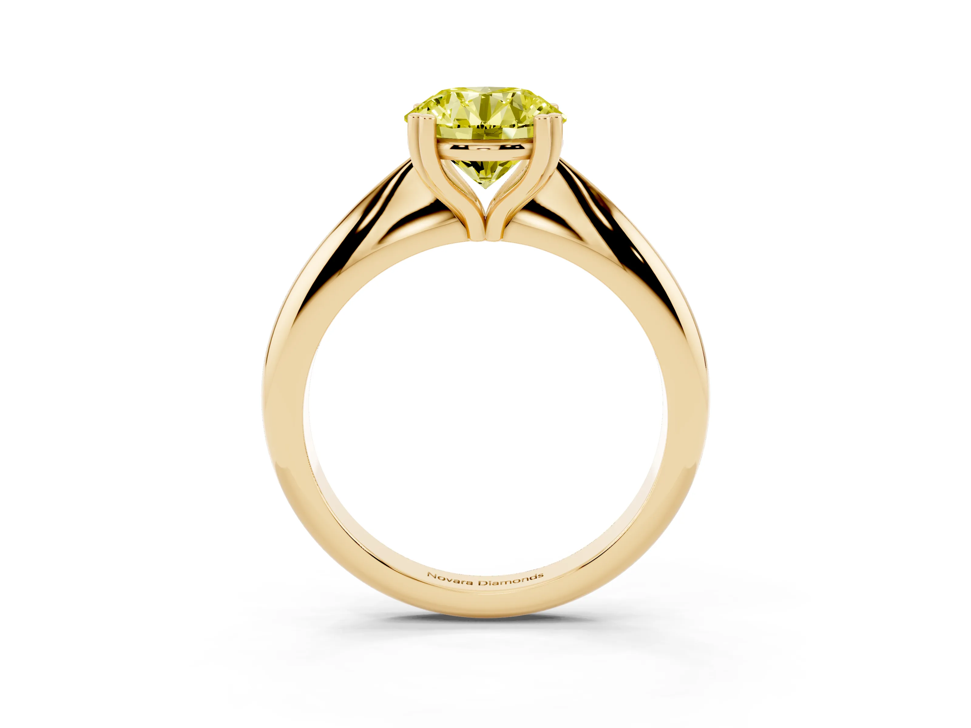 Fancy Yellow Round Cut Diamond Solitaire Engagement Ring Set in Yellow gold with Tapered Band and Prong Setting