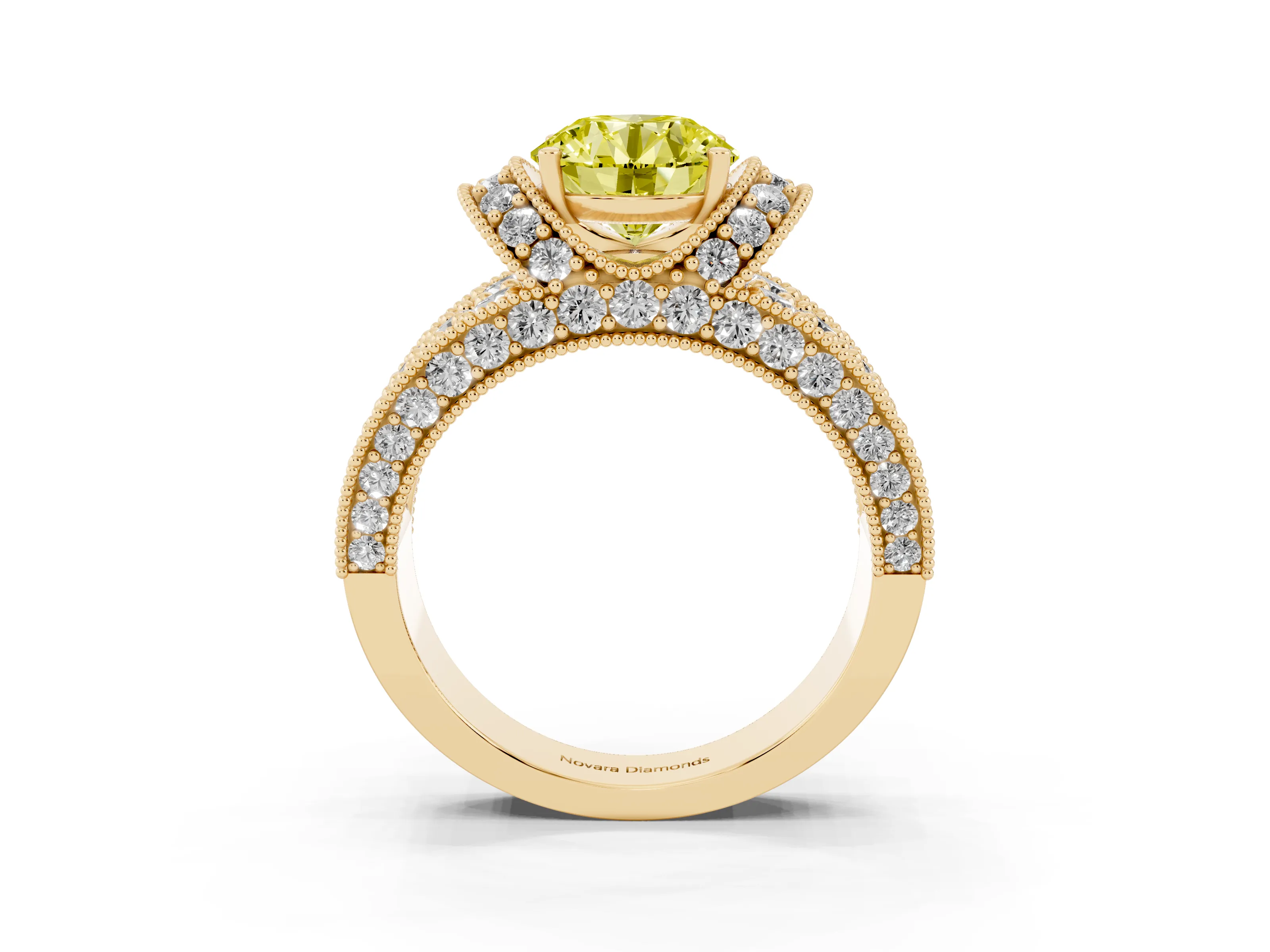 Fancy Yellow Round Cut Diamond Milgrain Halo Pavé Engagement Ring Set in Yellow gold with Prong Setting