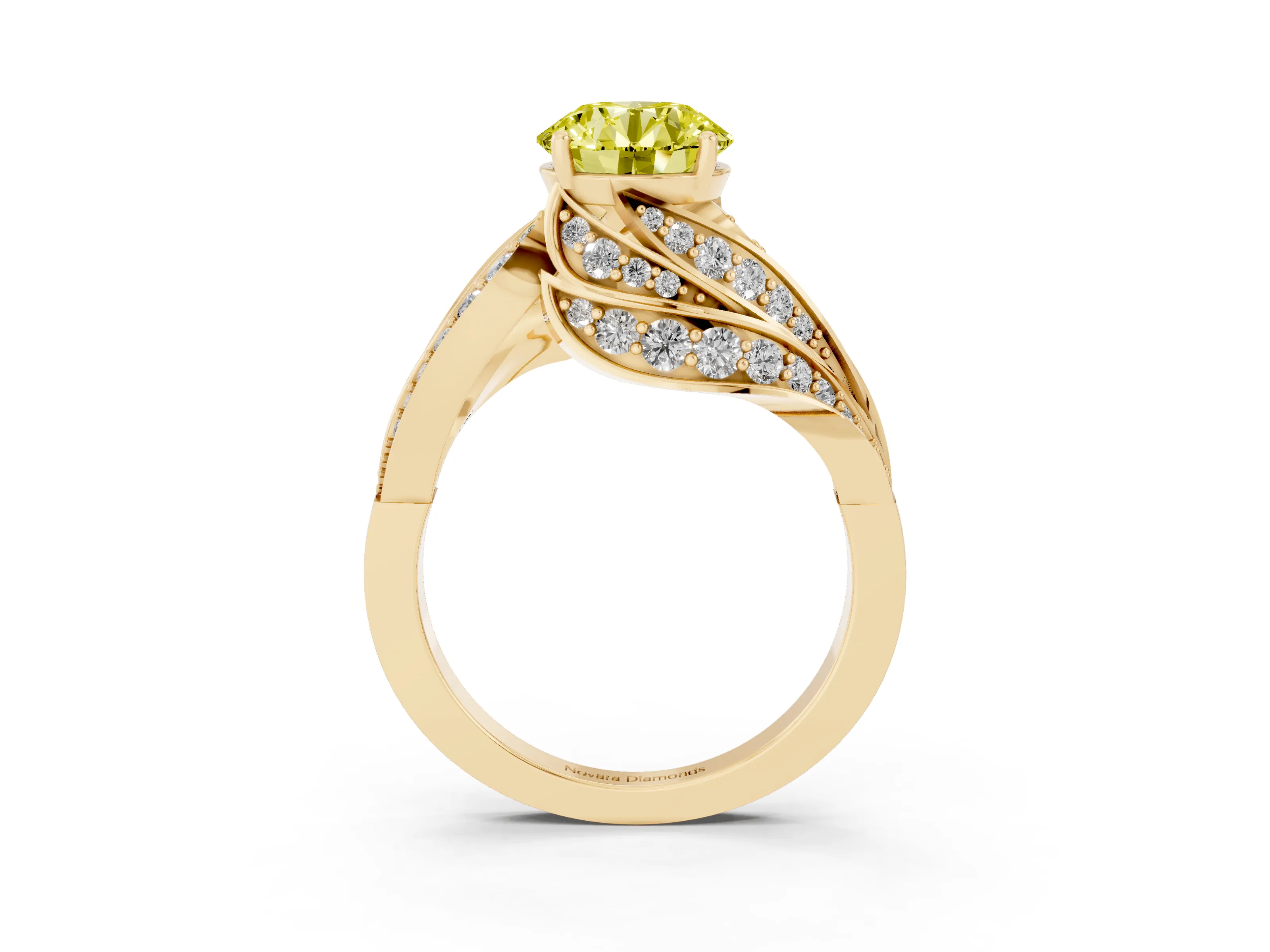 Fancy Yellow Round Cut Diamond Solitaire Ring Set in Yellow gold with Layered Twist Pavé Band