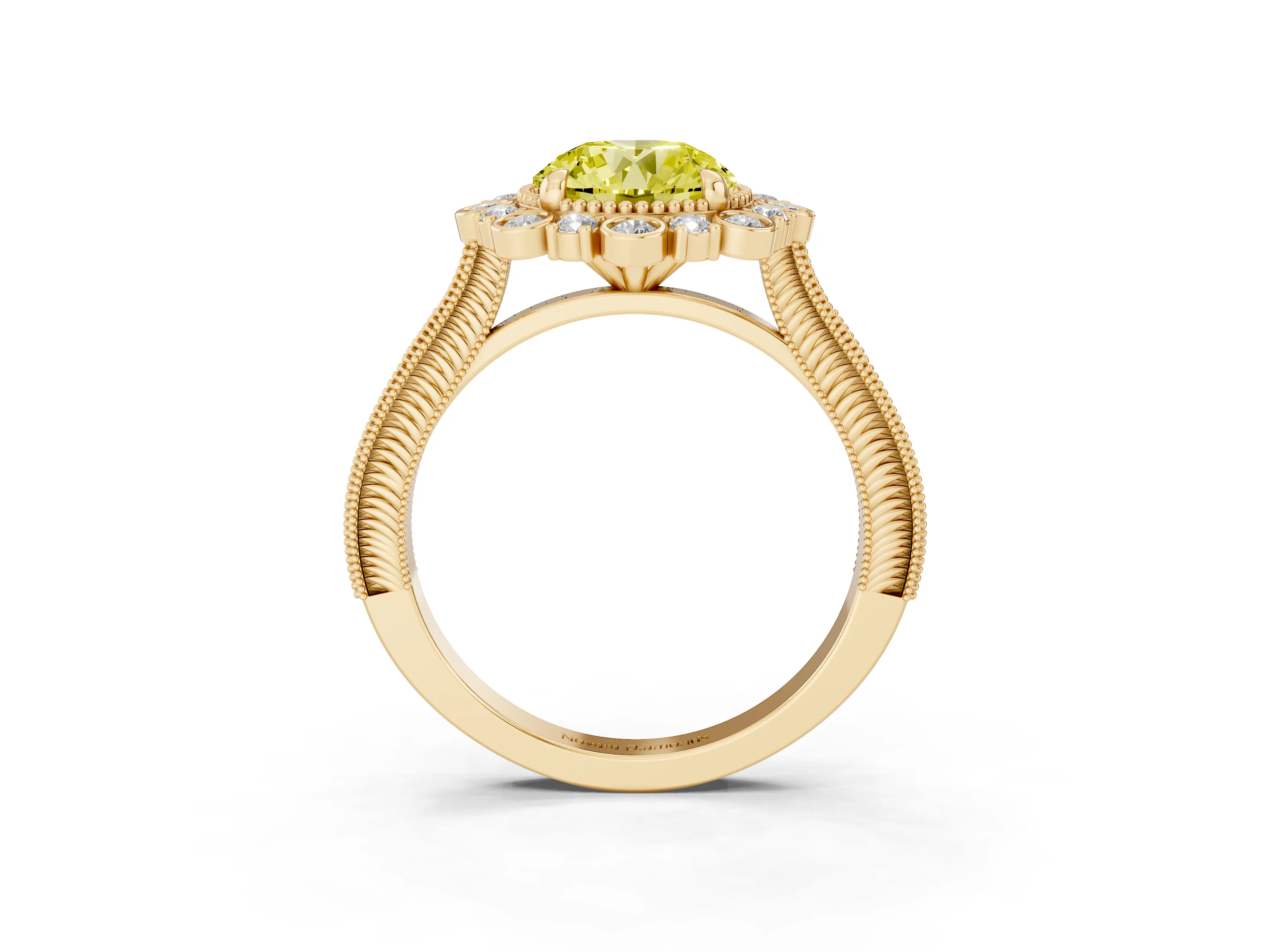 Fancy Yellow Round Cut Diamond Halo Milgrain Pavé Ring Set in Yellow gold with Prong Setting