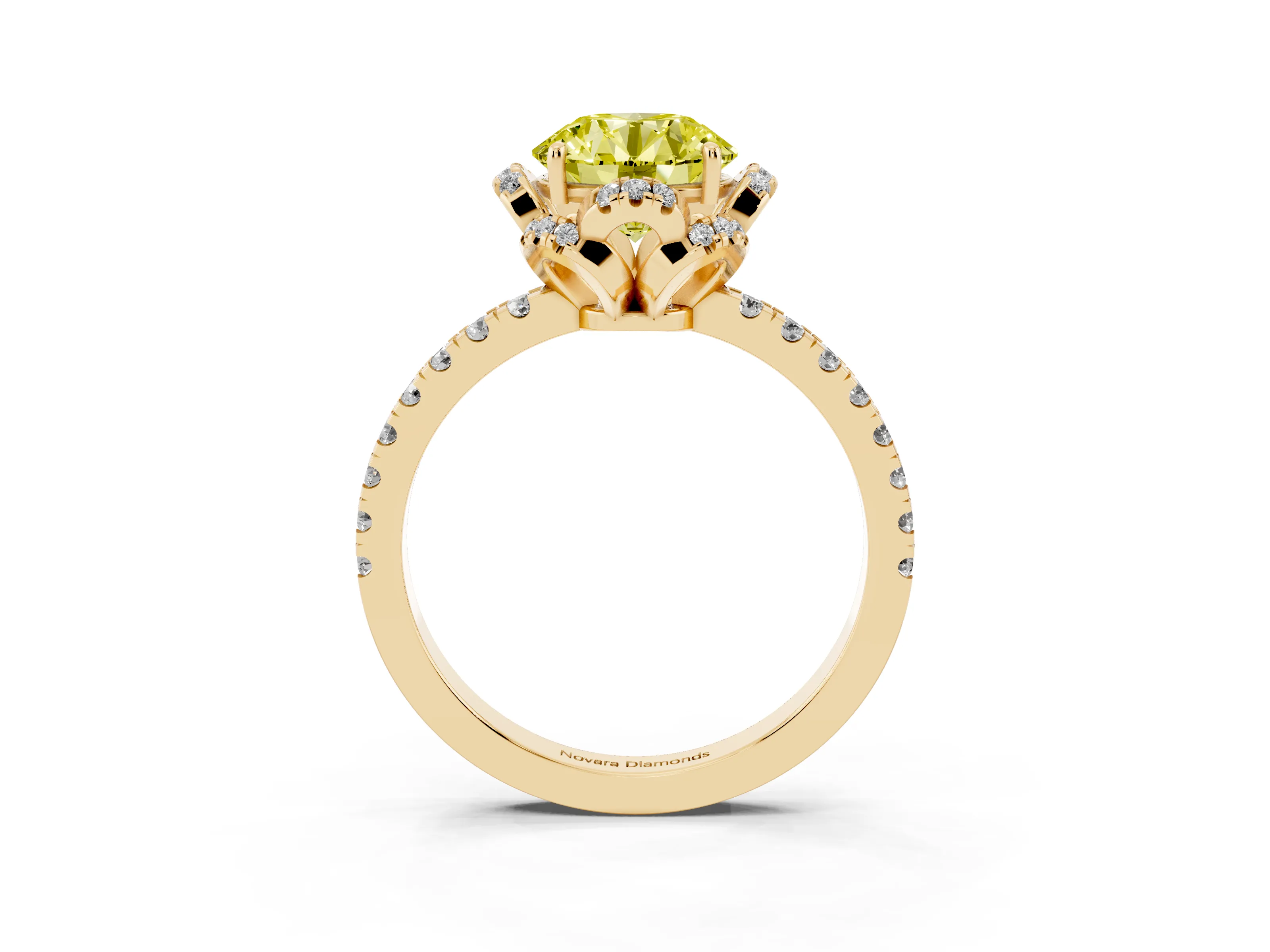 Fancy Yellow Round Cut Diamond Halo Pavé Band Ring Set in Yellow gold with Prong-Held Center