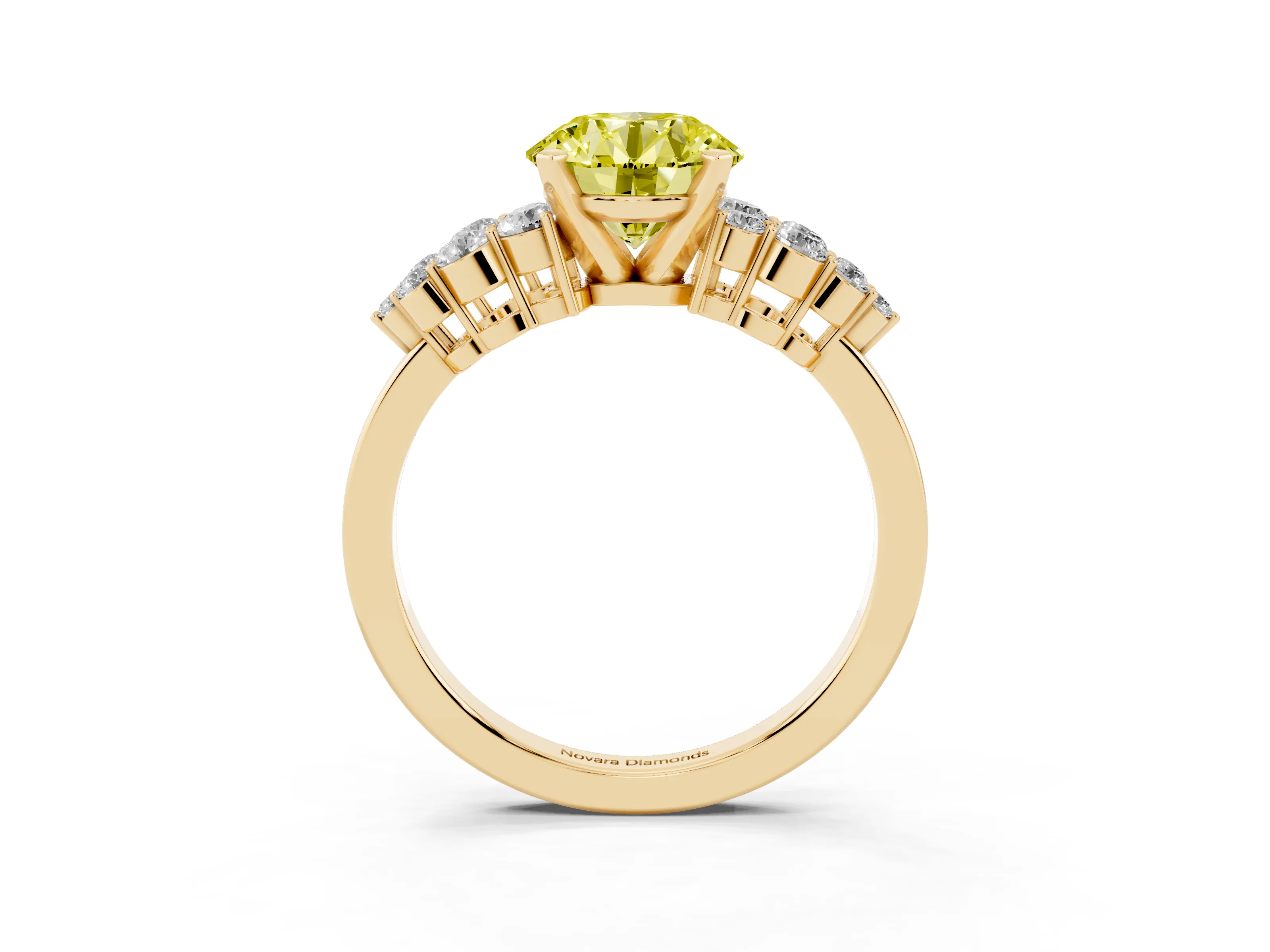 Fancy Yellow Round Cut Diamond Cluster Engagement Ring Set in Yellow gold with Pavé Band and Prong Setting