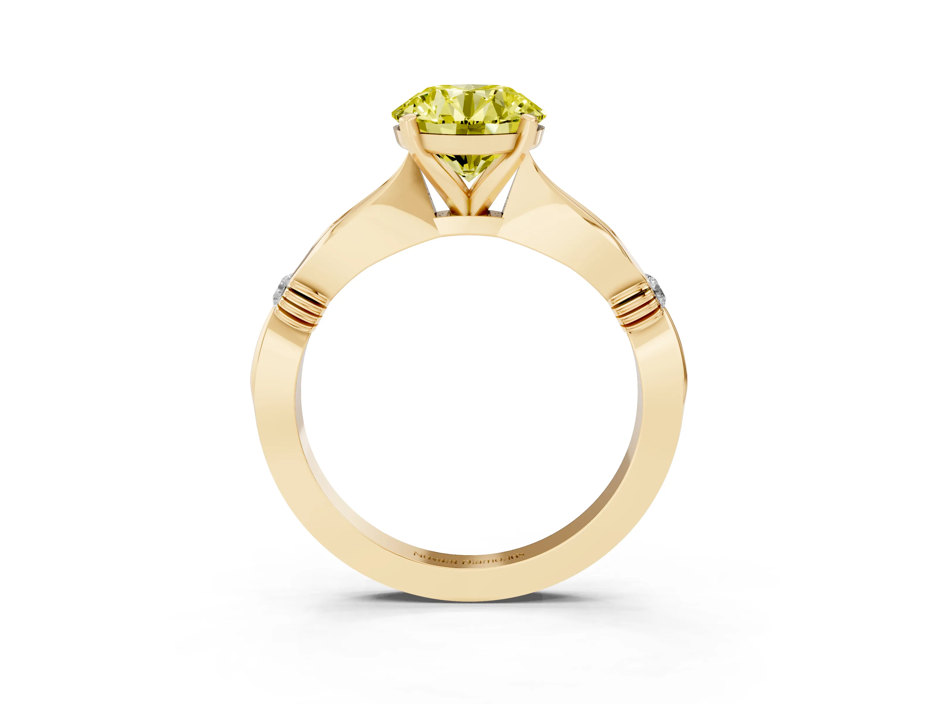 Fancy Yellow Round Cut Diamond Solitaire Twisted Band Ring Set in Yellow gold with Accent Stones and Prong Setting