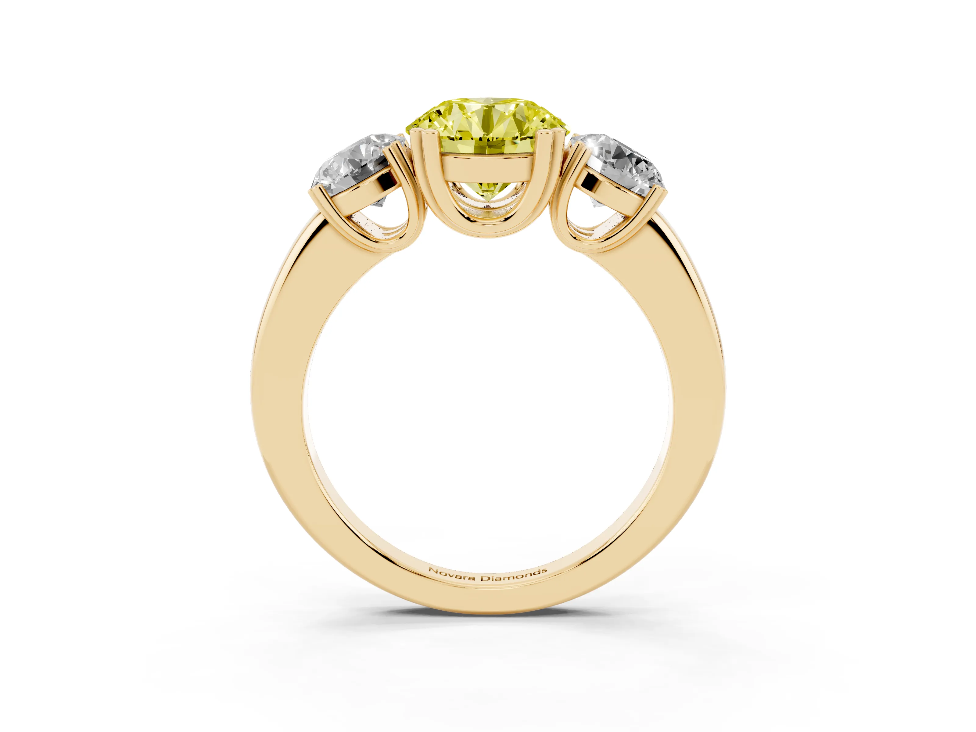 Fancy Yellow Round Cut Diamond Three-Stone Ring Set in Yellow gold with Polished Channel-Set Band