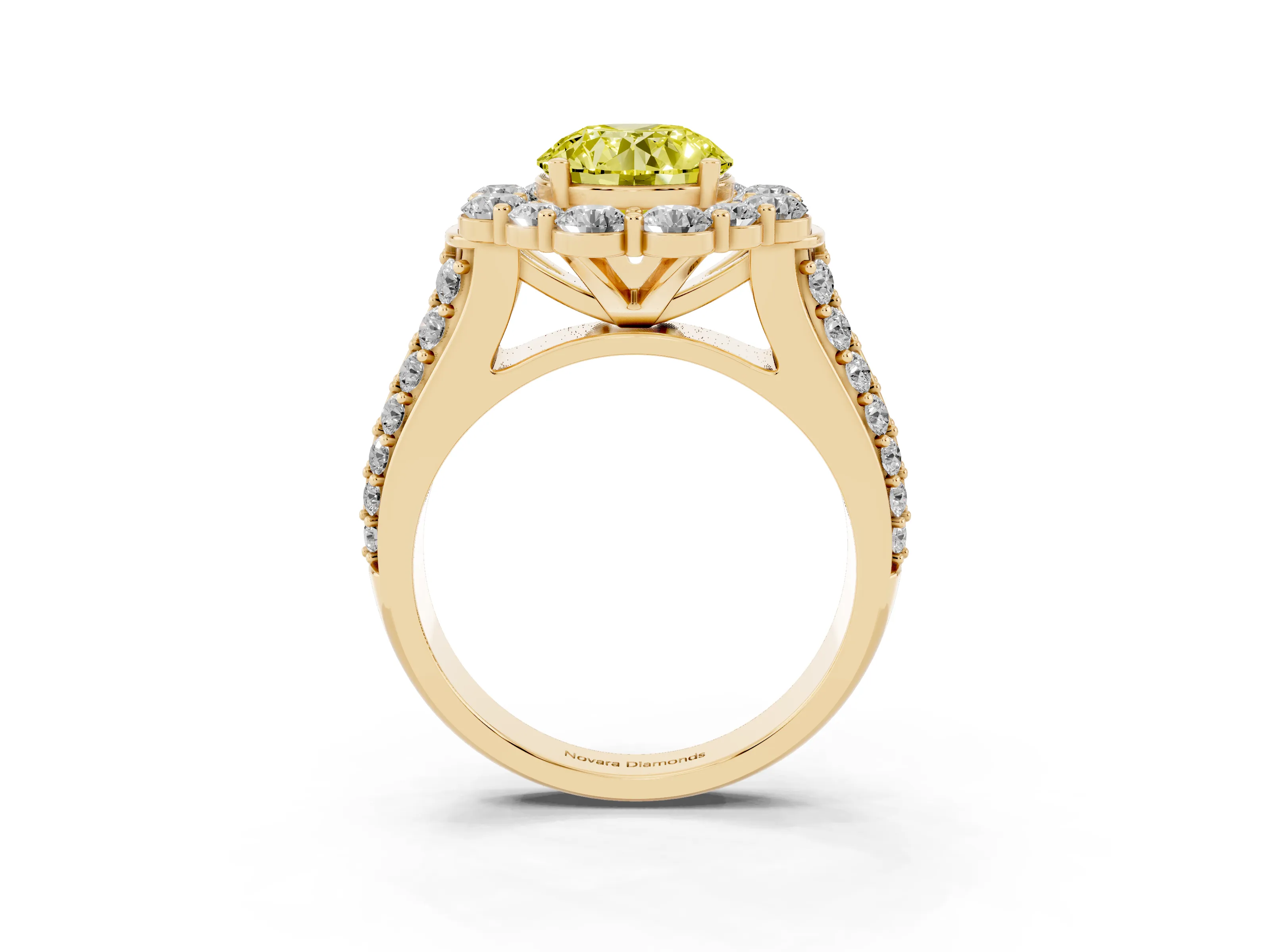 Fancy Yellow Round Cut Diamond Halo Engagement Ring Set in Yellow gold with Split Shank and Prong Setting