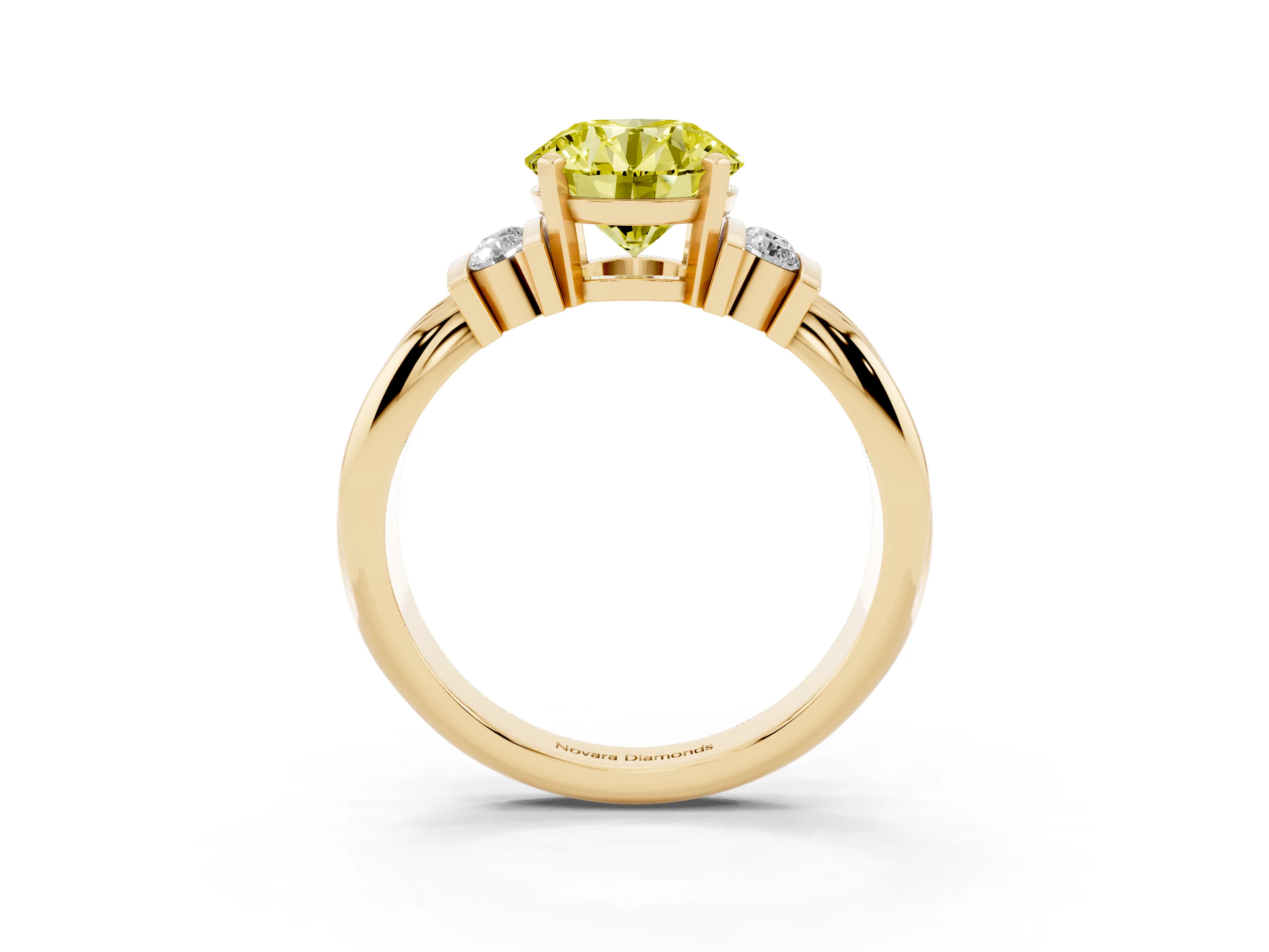 Fancy Yellow Three-Stone Round Cut Diamond Channel Set Ring Set in Yellow gold with Bar Prongs