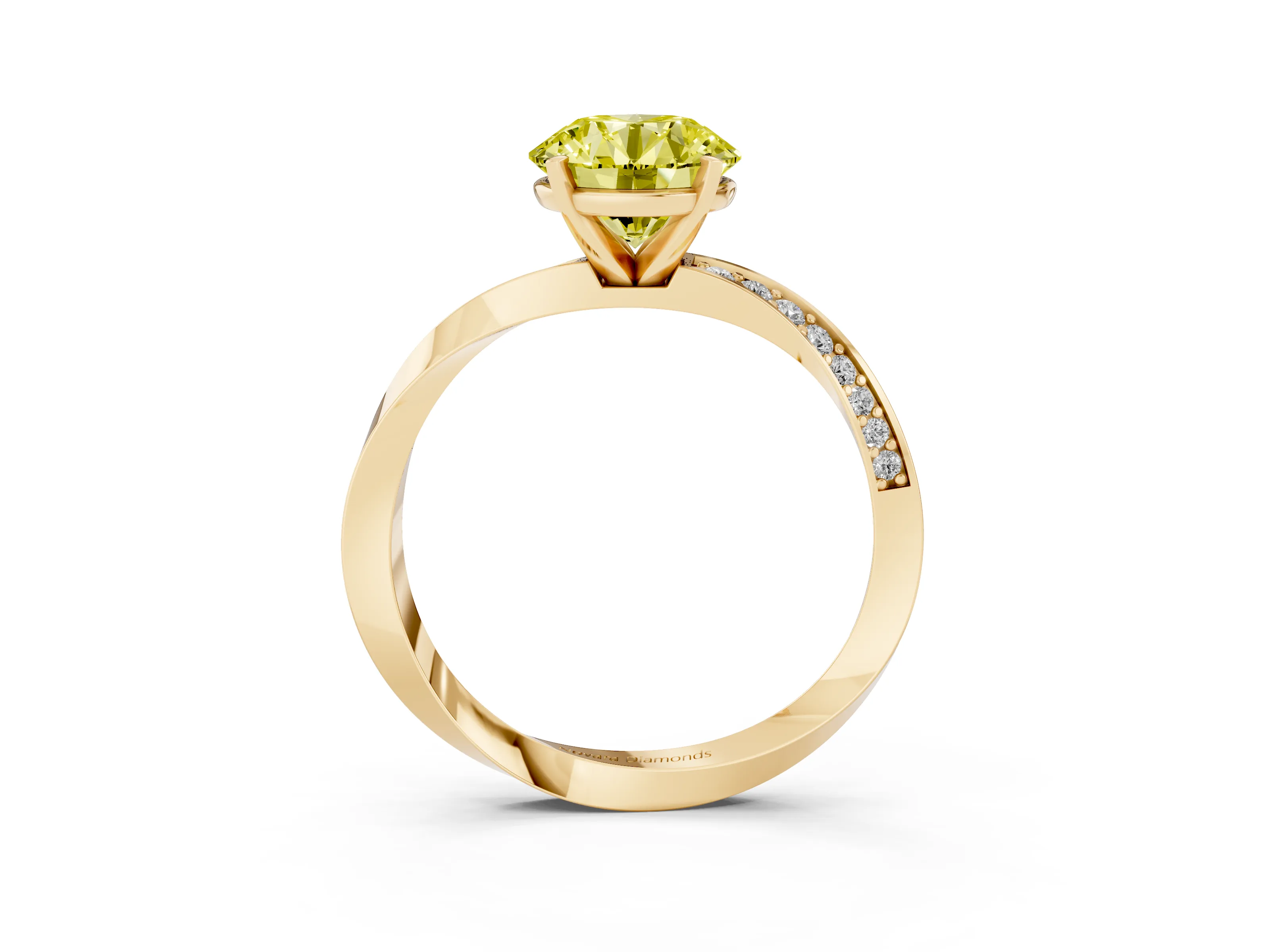 Fancy Yellow Round Cut Diamond Engagement Ring Set in Yellow gold with Side Stone Accents and Prong Setting