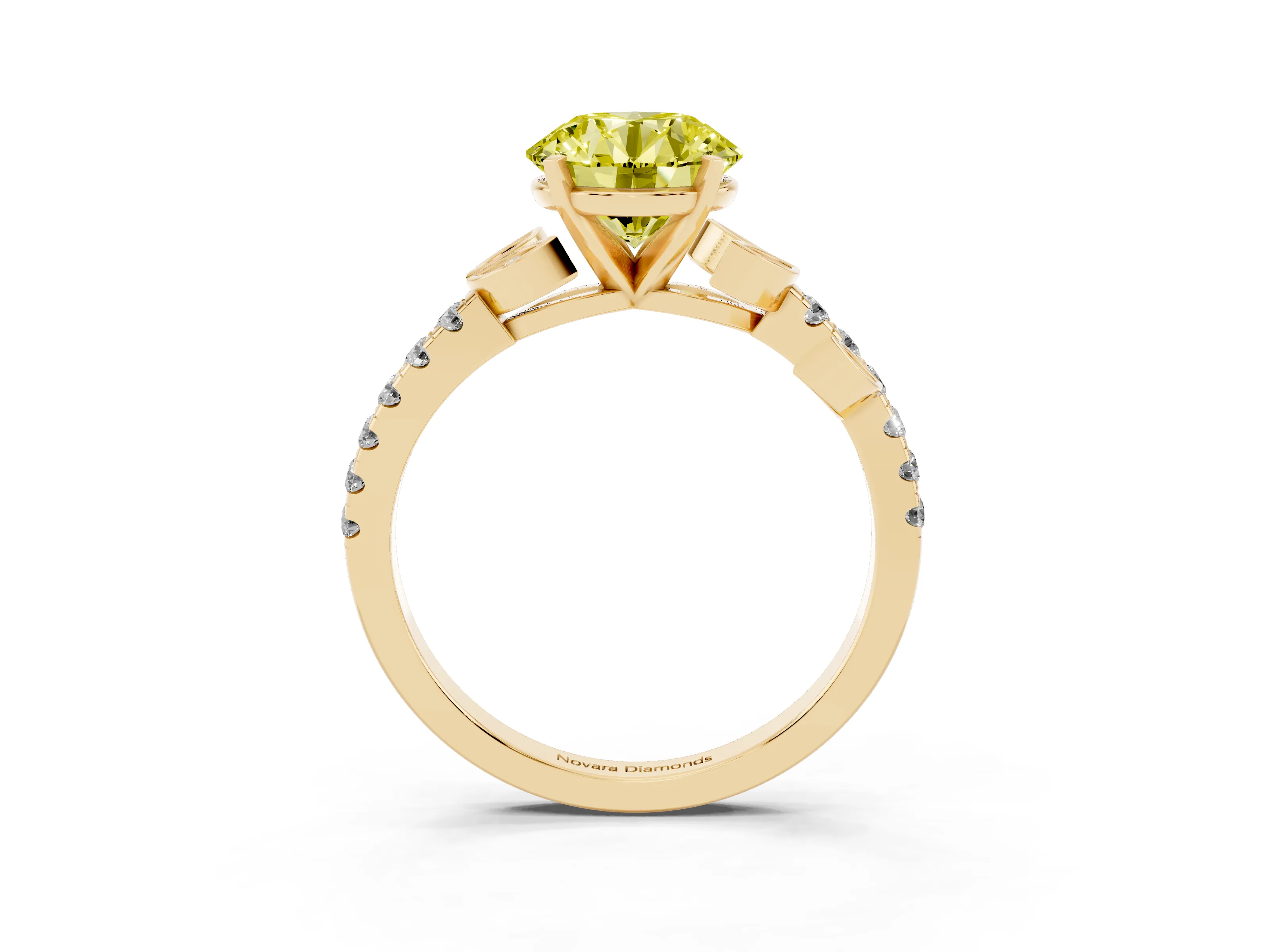 Fancy Yellow Round Cut Diamond Solitaire Leaf-Inspired Ring Set in Yellow gold with Pavé Band and Prong Setting