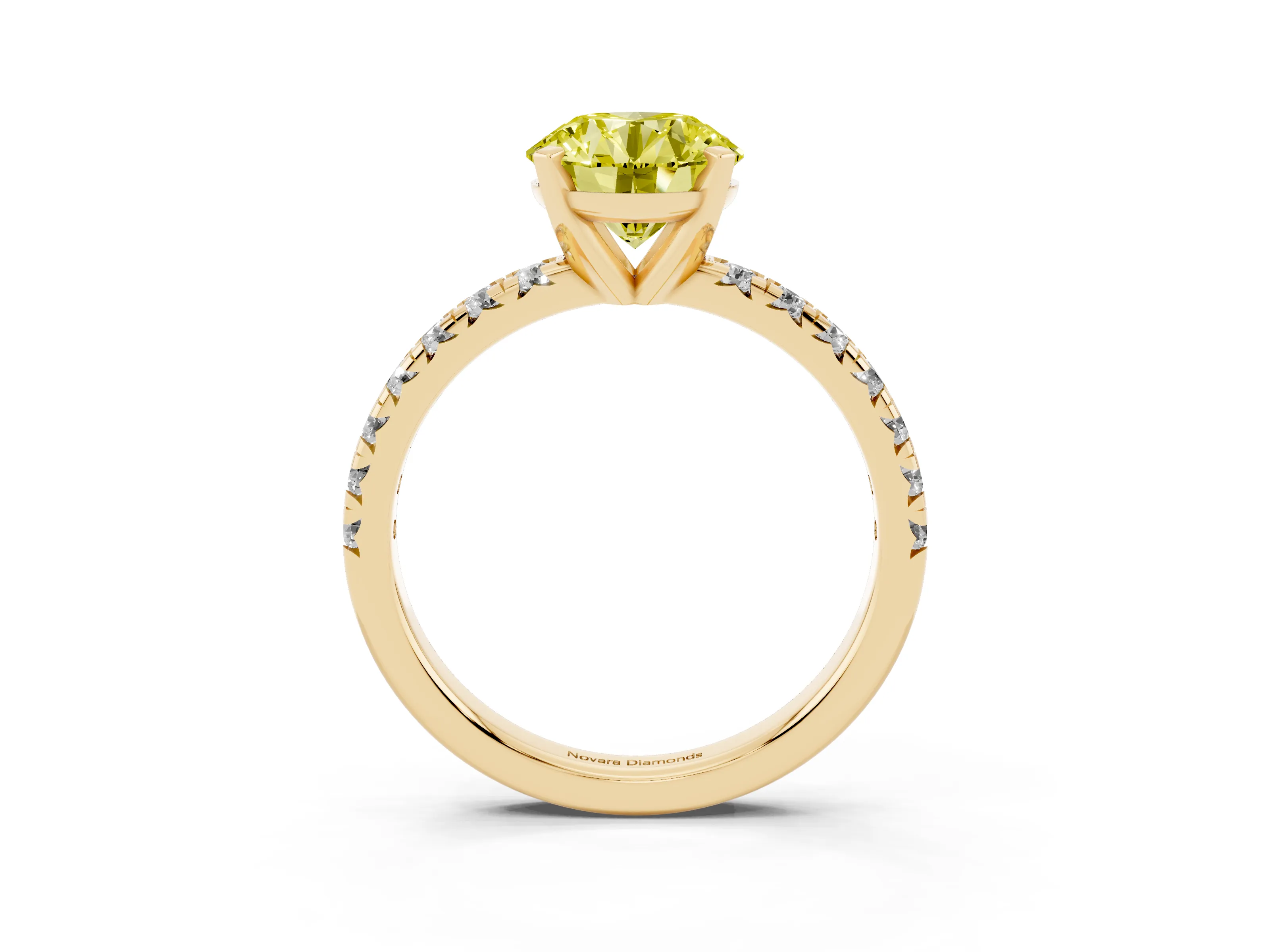 Fancy Yellow Round Cut Diamond Solitaire Pavé Engagement Ring Set in Yellow gold with Round Band and Prong Setting