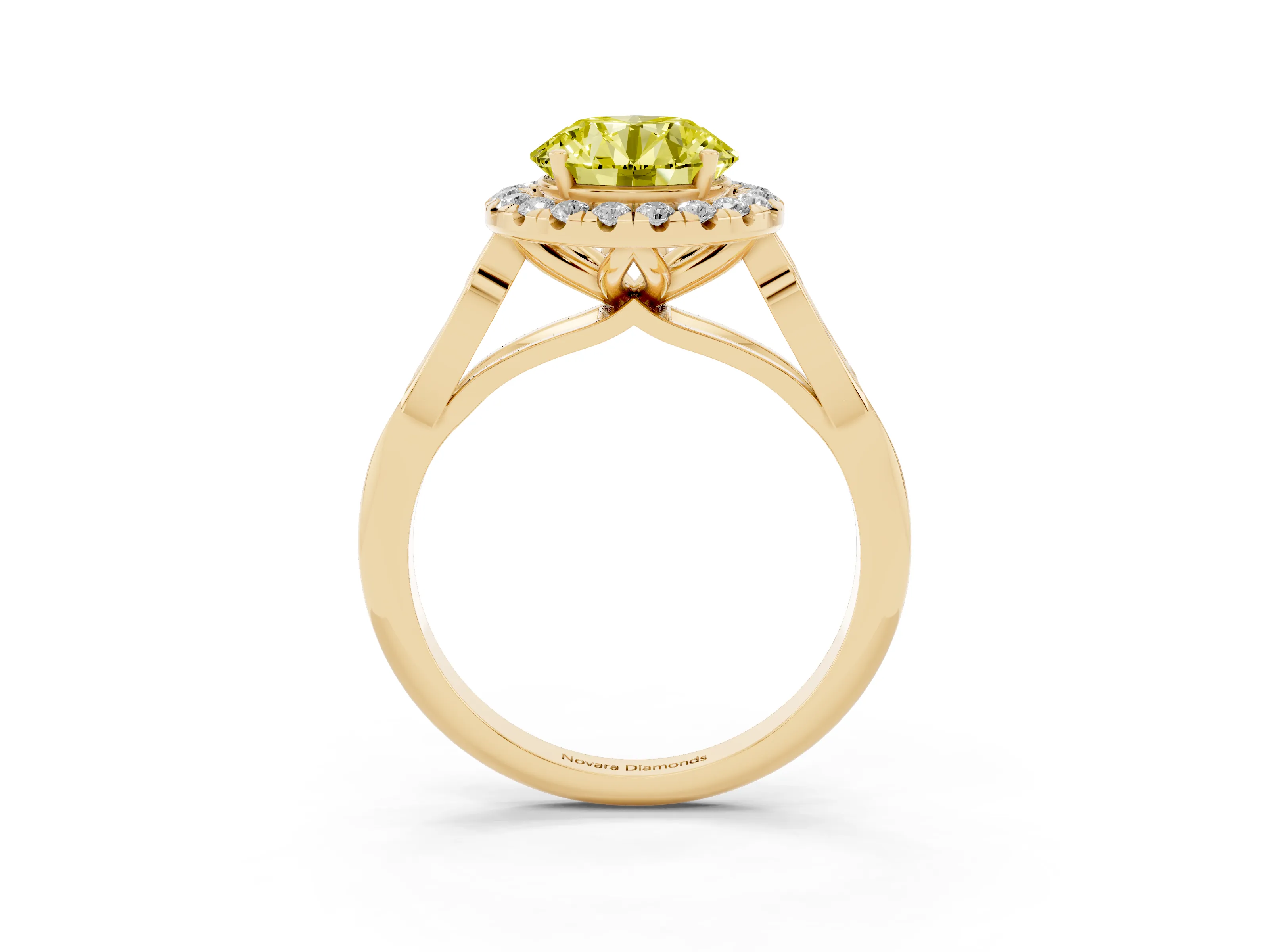 Fancy Yellow Round Cut Diamond Halo Engagement Ring Set in Yellow gold with Filigree Band and Prong-Set Center