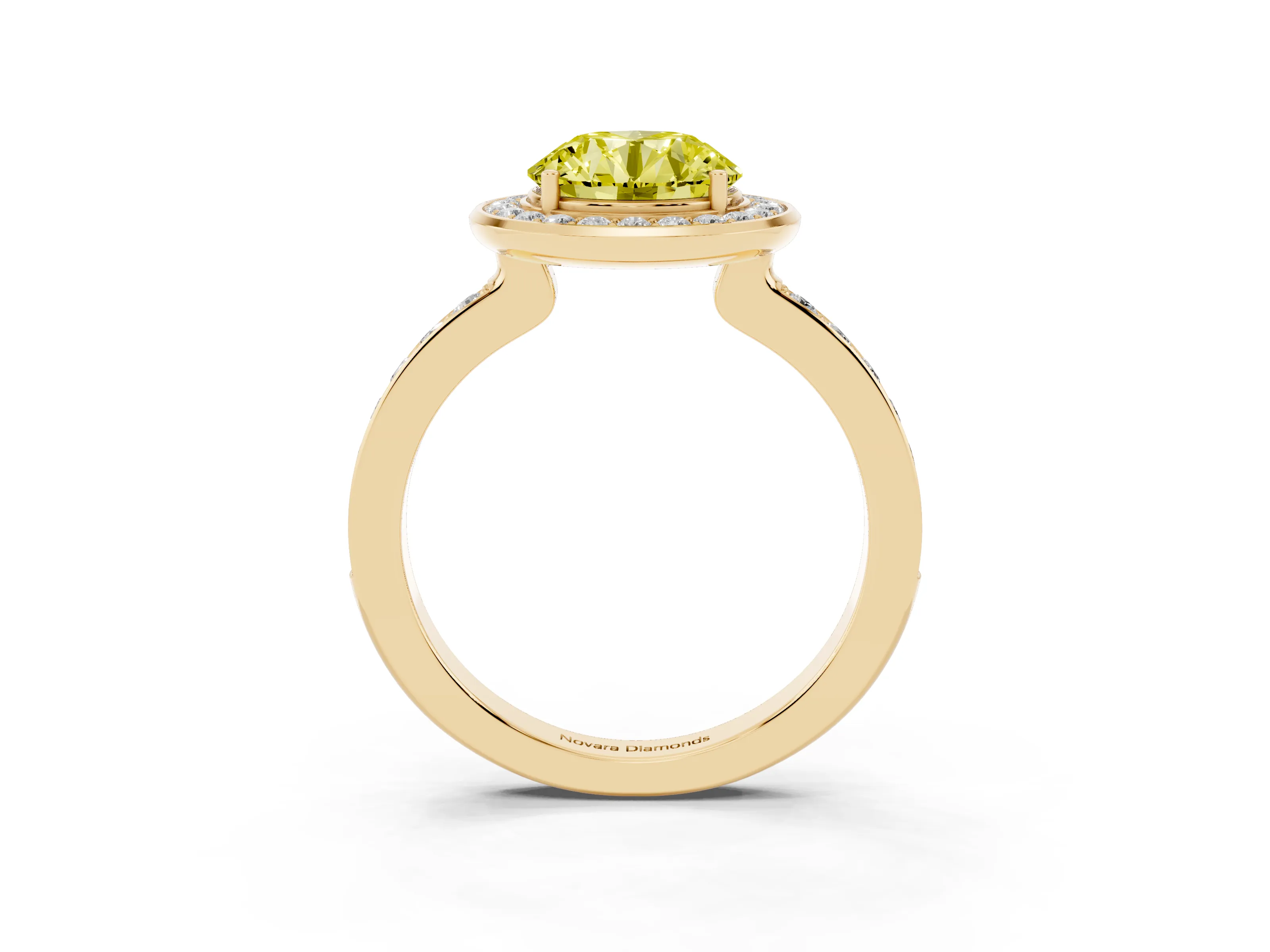 Fancy Yellow Round Cut Diamond Halo Ring Set in Yellow gold with Bezel Frame and Pavé Band