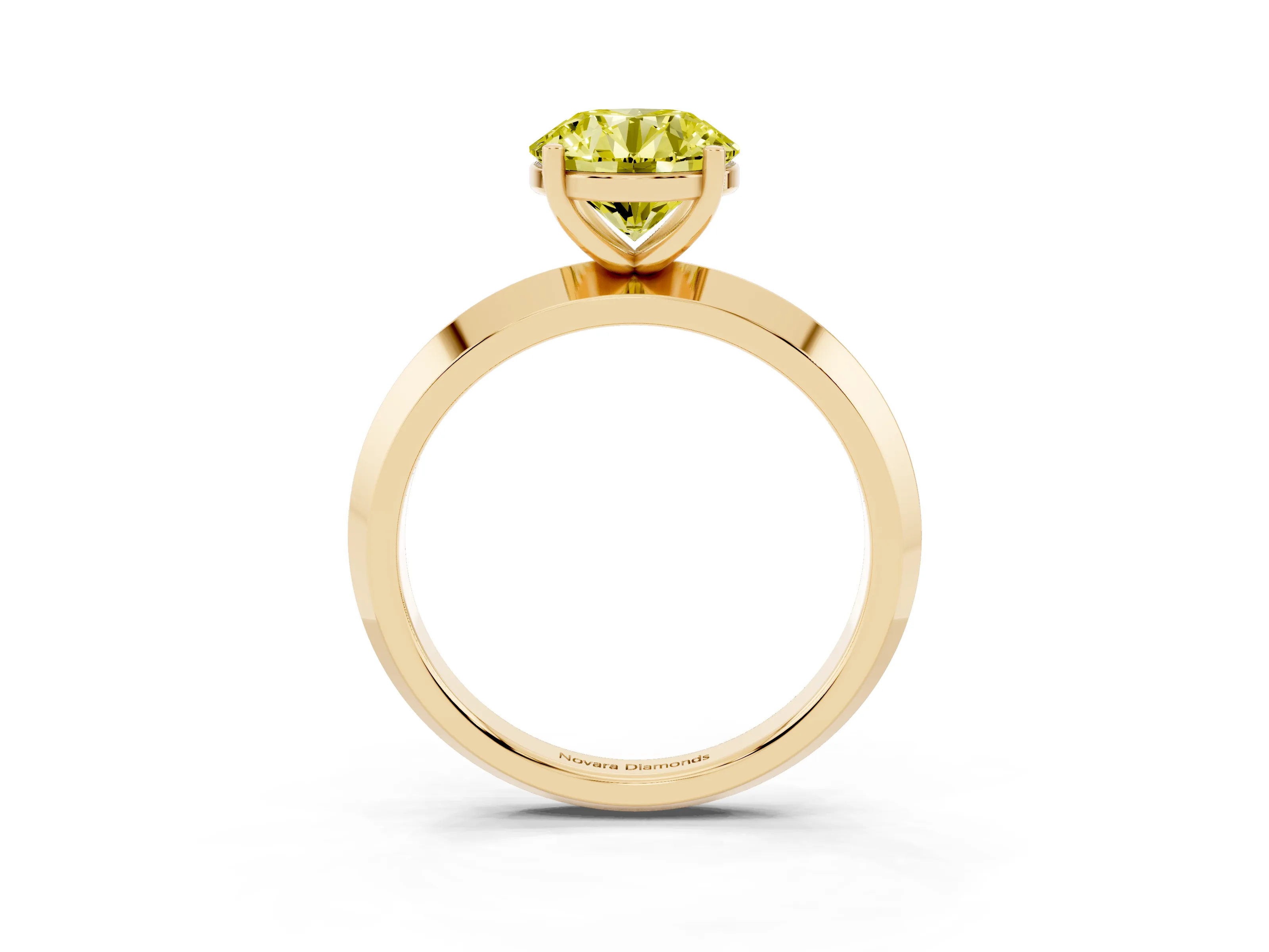 Fancy Yellow Round Cut Diamond Solitaire Engagement Ring Set in Yellow gold with Flat Band and Prong Setting