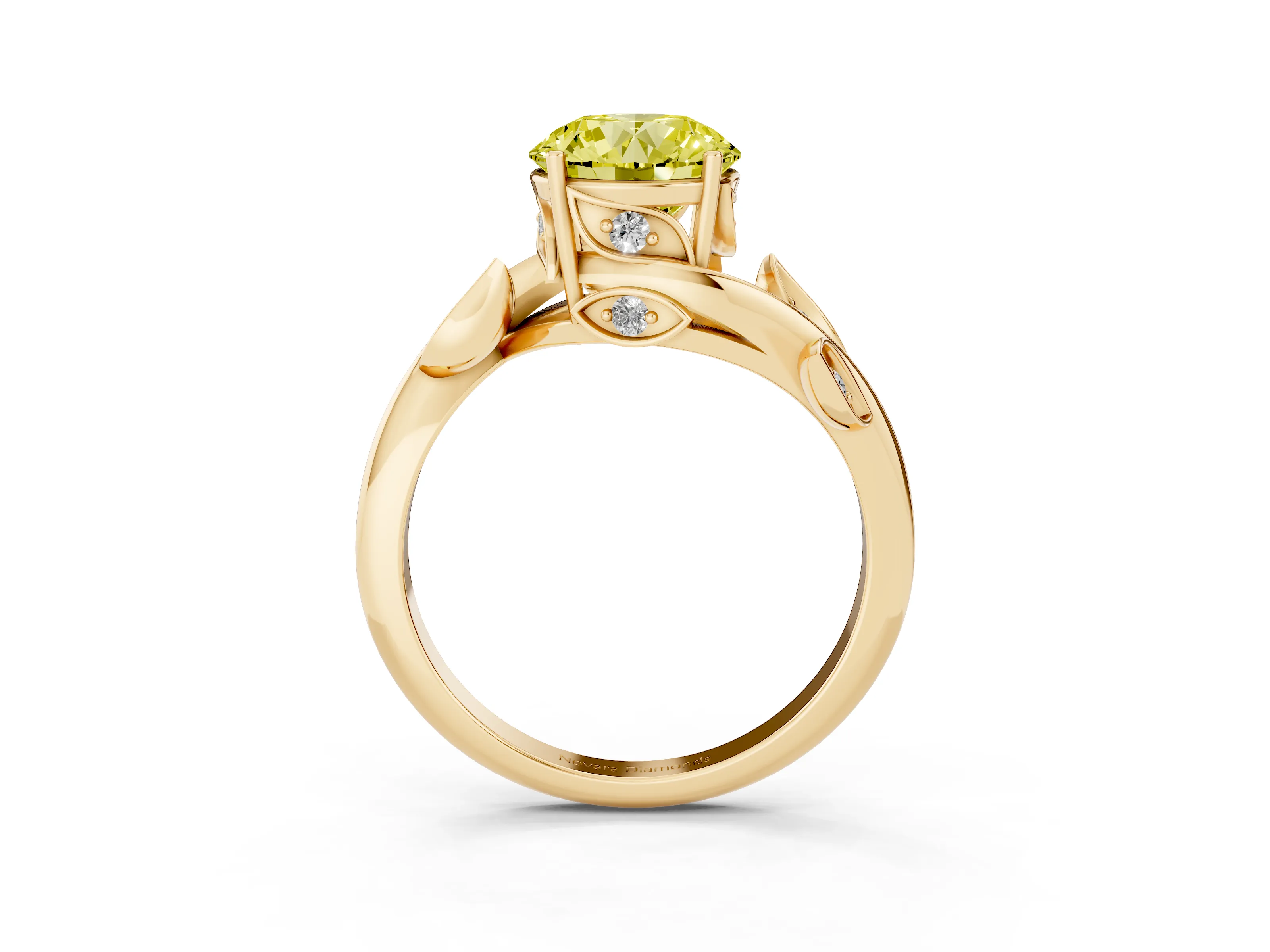 Fancy Yellow Round Cut Diamond Solitaire Twist Engagement Ring Set in Yellow gold with Pavé Leaf Accents