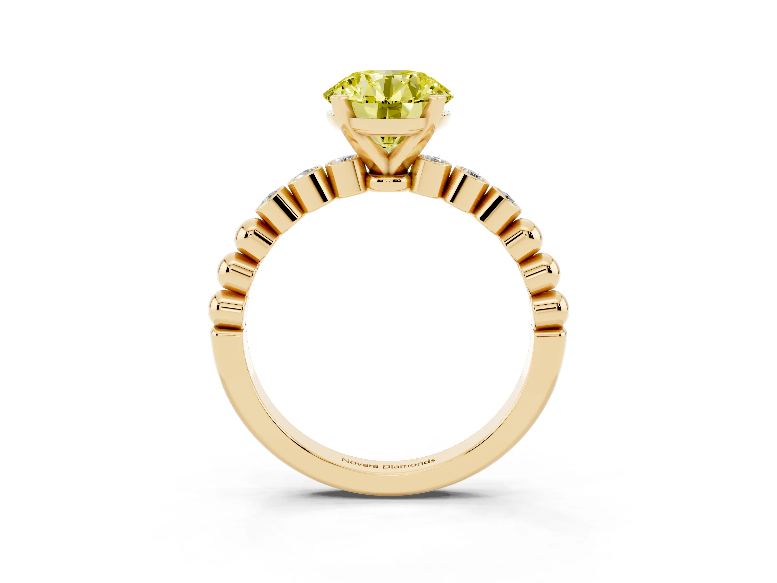 Fancy Yellow Round Cut Diamond Solitaire Engagement Ring Set in Yellow gold with Bezel Accents on Beaded Band