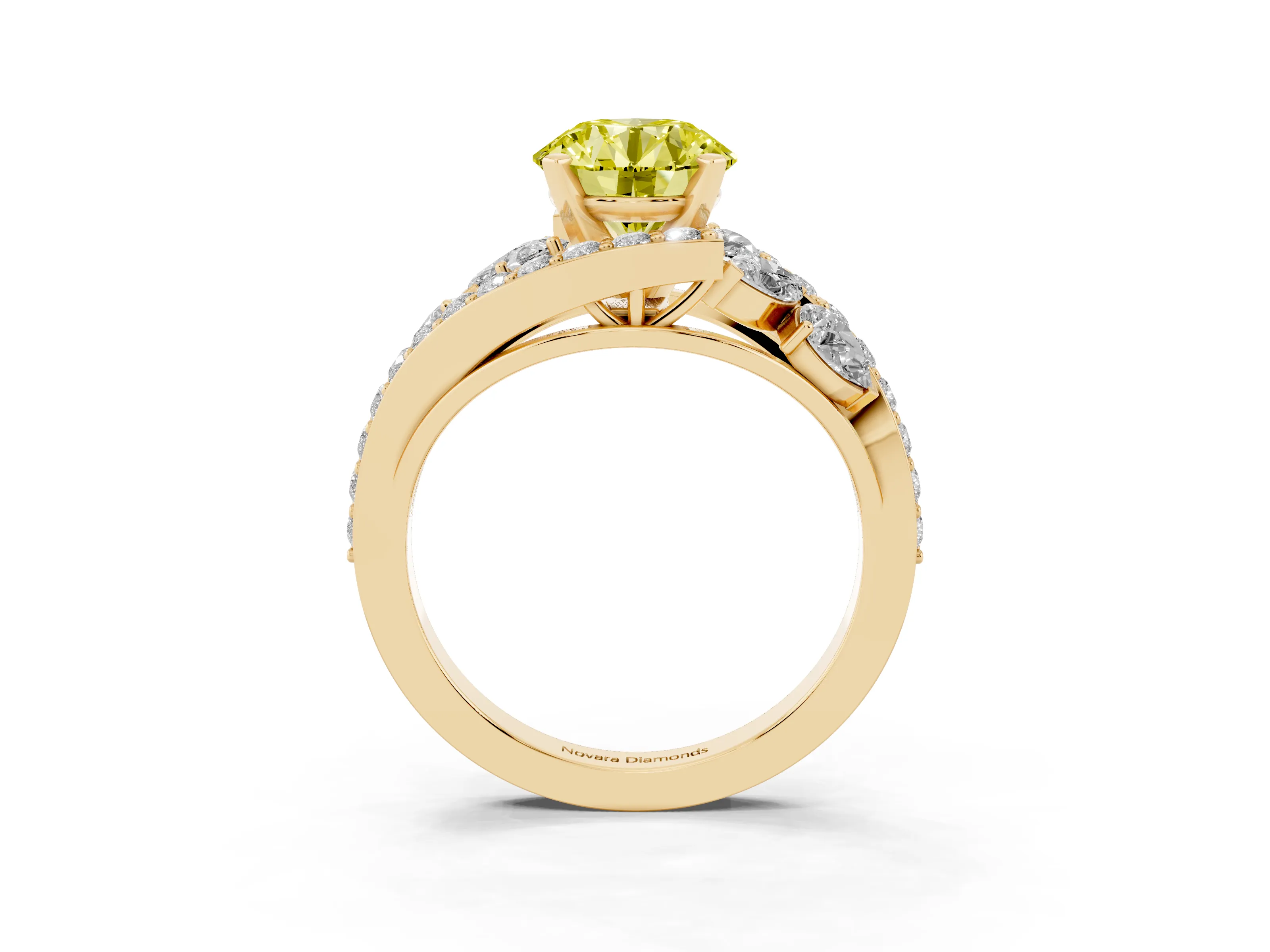Fancy Yellow Round Cut Diamond Halo Ring Set in Yellow gold with Marquise and Pavé Band in Prong Setting