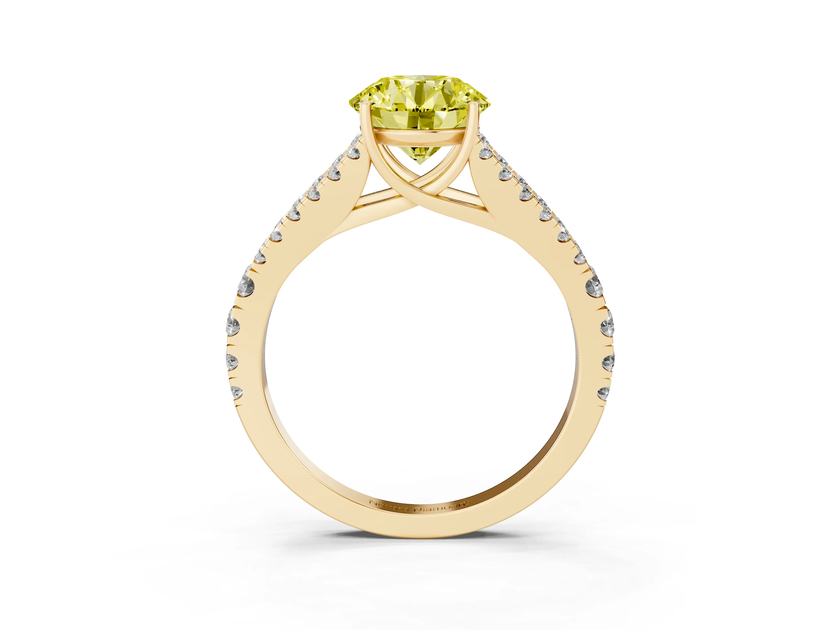 Fancy Yellow Round Cut Diamond Split Shank Pavé Engagement Ring Set in Yellow gold with Prong-Held Center Stone