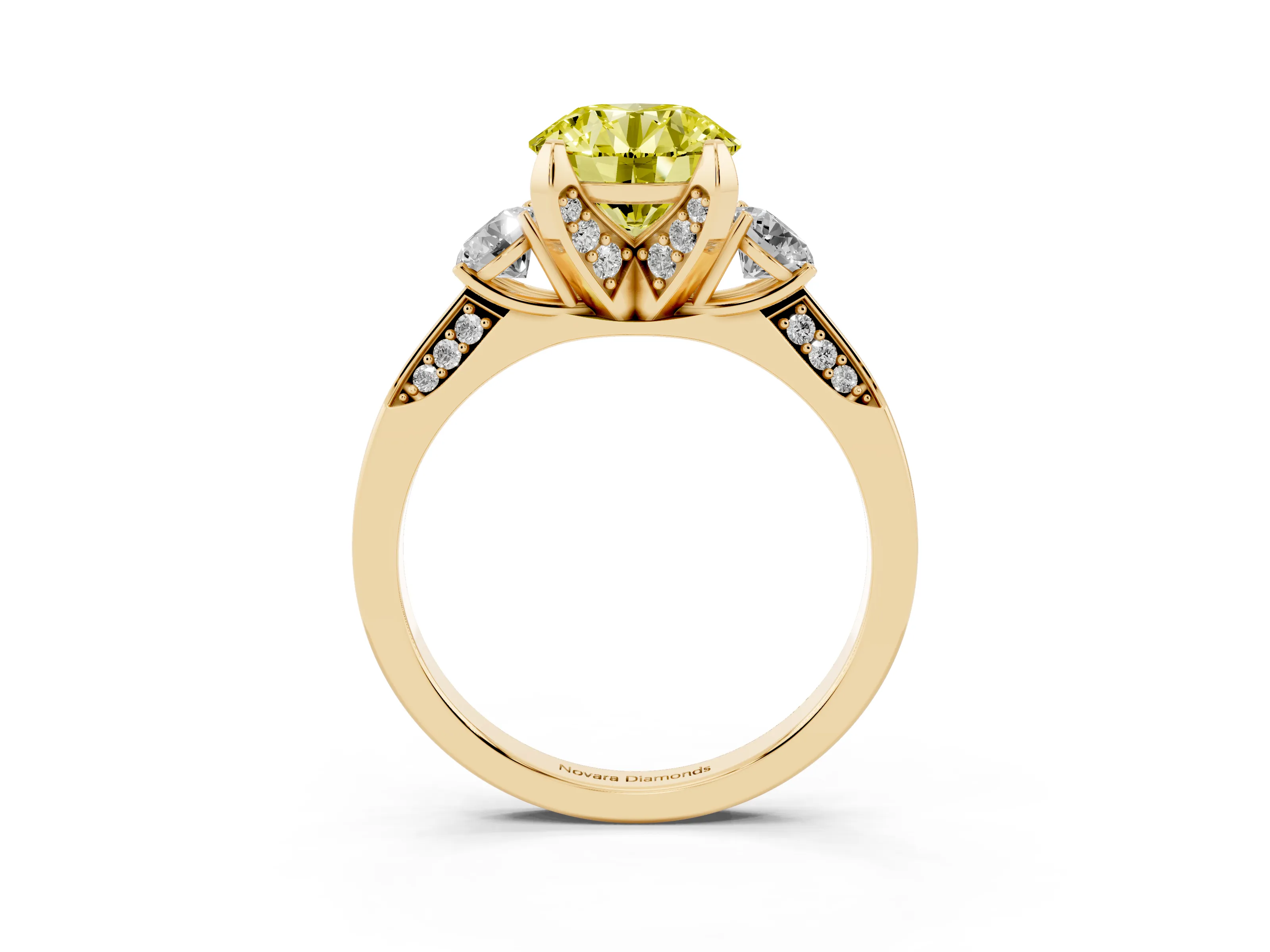 Fancy Yellow Round Cut Diamond Three-Stone Ring Set in Yellow gold with Pavé Band and Smaller Side Stones