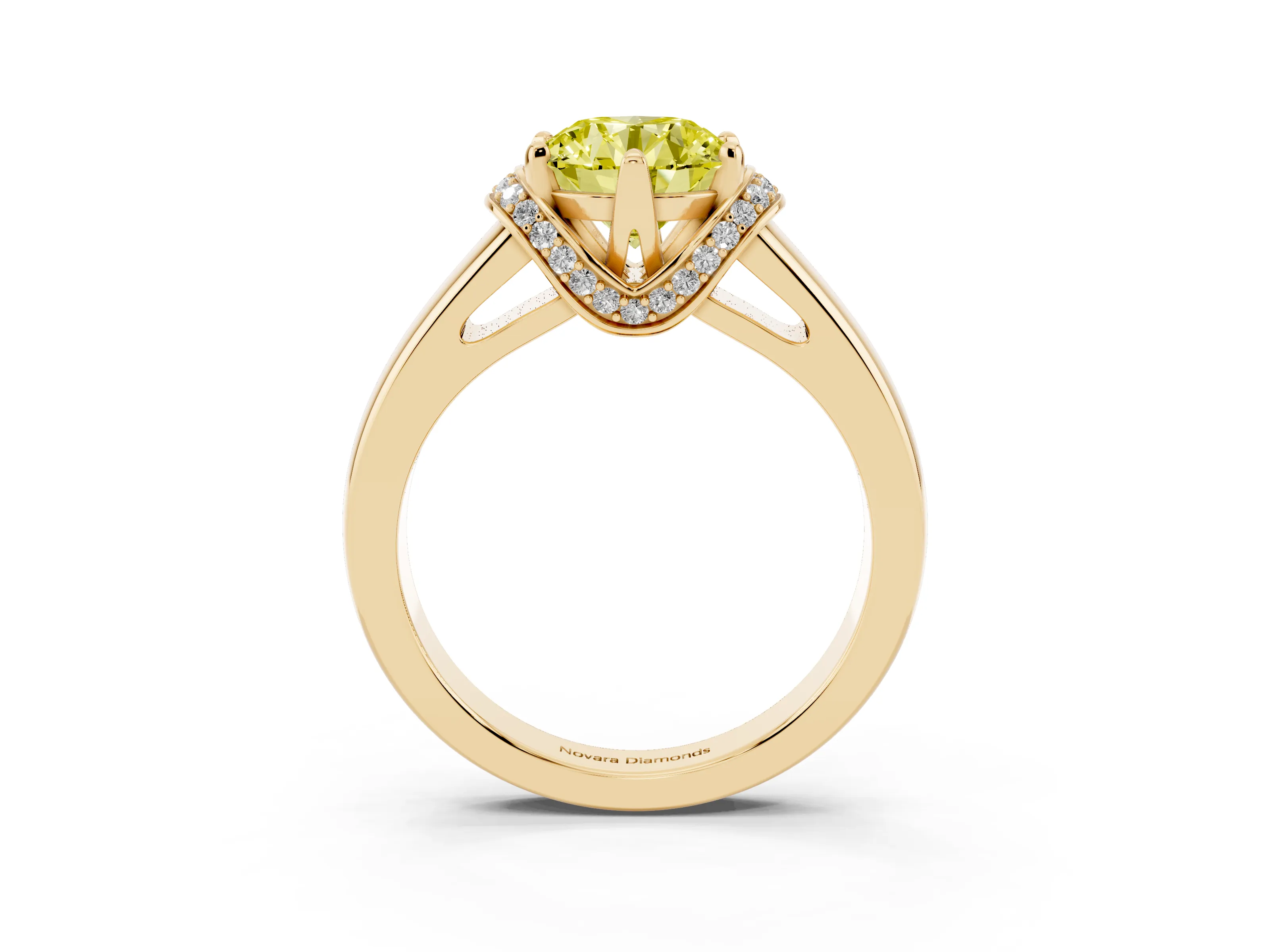 Fancy Yellow Round Cut Diamond Pavé Band Solitaire Ring Set in Yellow gold with Prong Setting