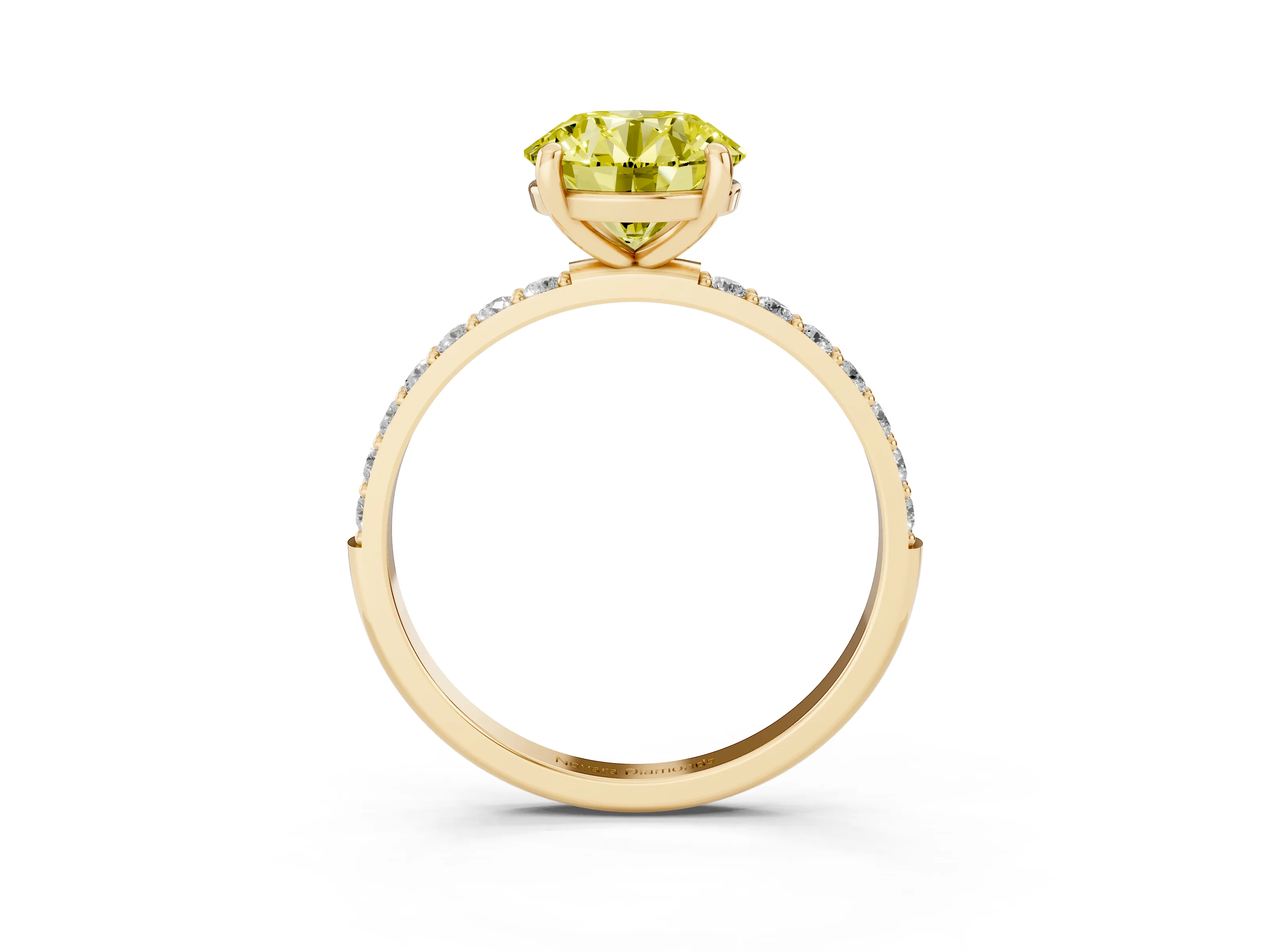 Fancy Yellow Round Cut Diamond Solitaire Ring Set in Yellow gold with Round Pavé Band and Prong Setting