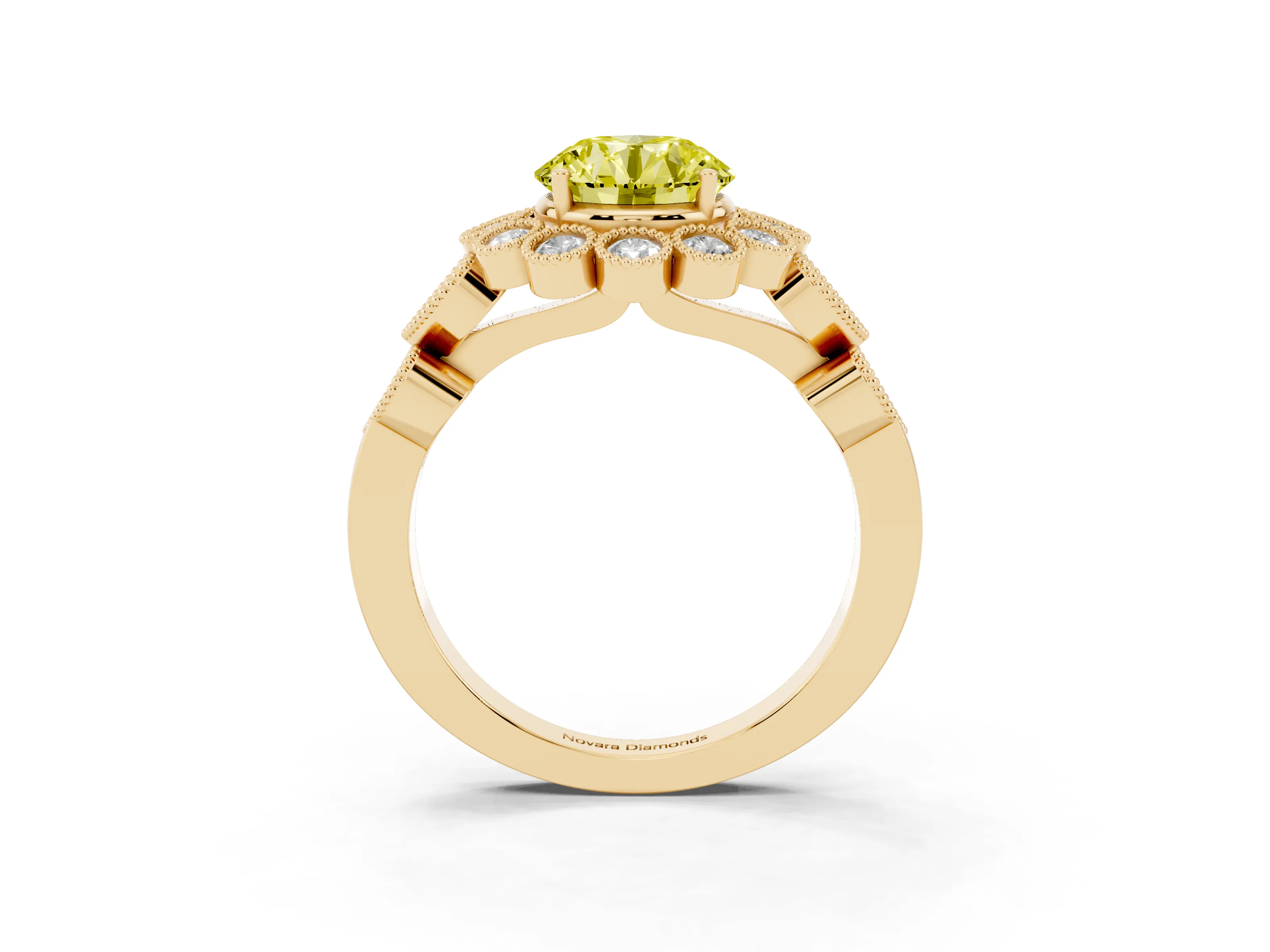 Fancy Yellow Round Cut Diamond Solitaire Ring Set in Yellow gold with Milgrain Pavé Heart Band