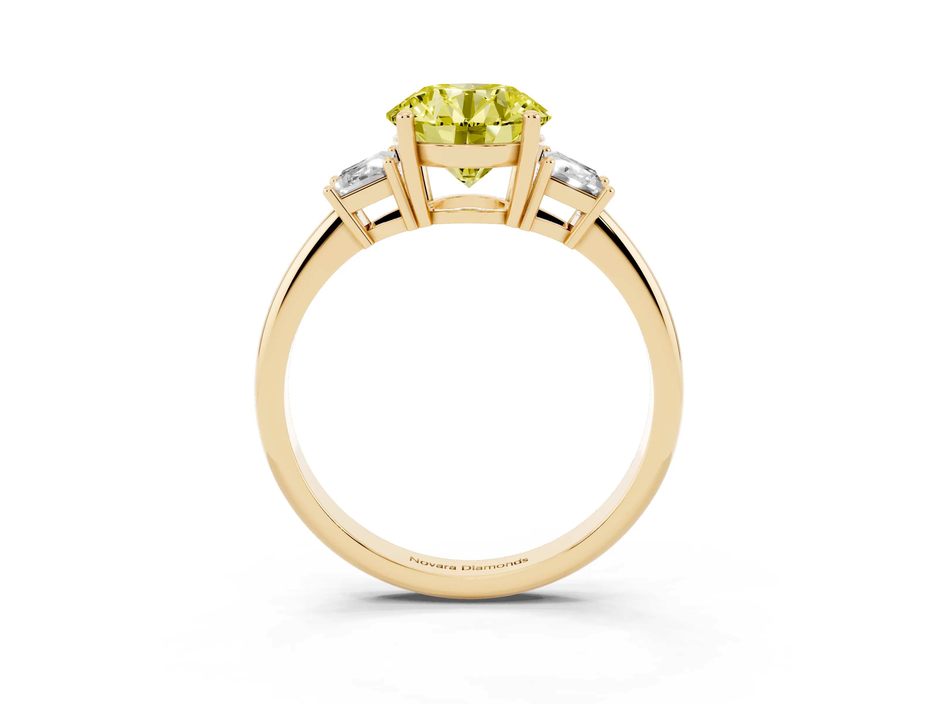 Fancy Yellow Round Cut Diamond Three-Stone Ring Set in Yellow gold with Trapezoid Side Stones and Prong Setting