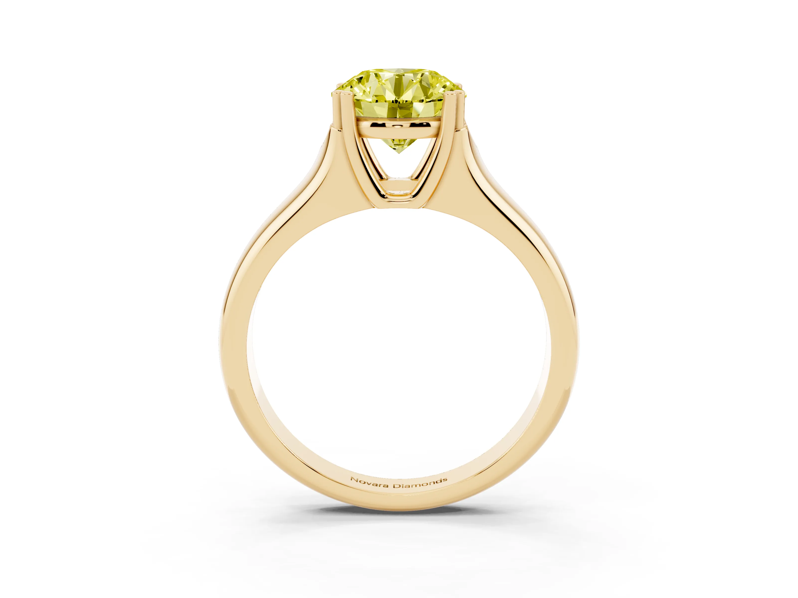 Fancy Yellow Round Cut Diamond Solitaire Ring Set in Yellow gold with Wide Band and Prong Setting