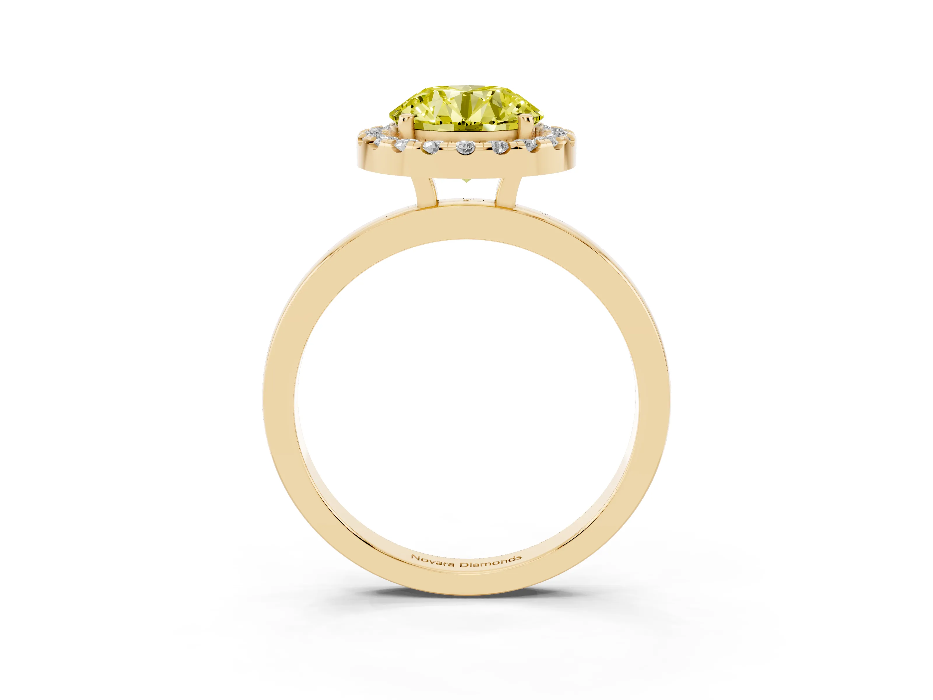 Fancy Yellow Round Cut Diamond Halo Solitaire Ring Set in Yellow gold with Pavé Band and Prong Setting