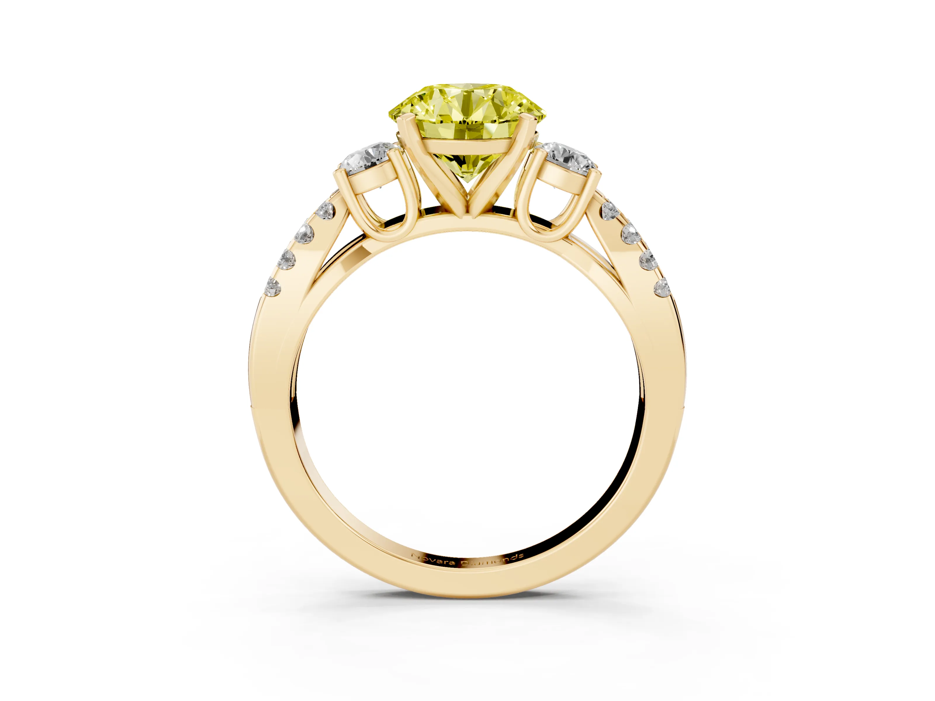Fancy Yellow Round Cut Diamond Three-Stone Ring Set in Yellow gold with Pavé Split Shank and Prong Setting