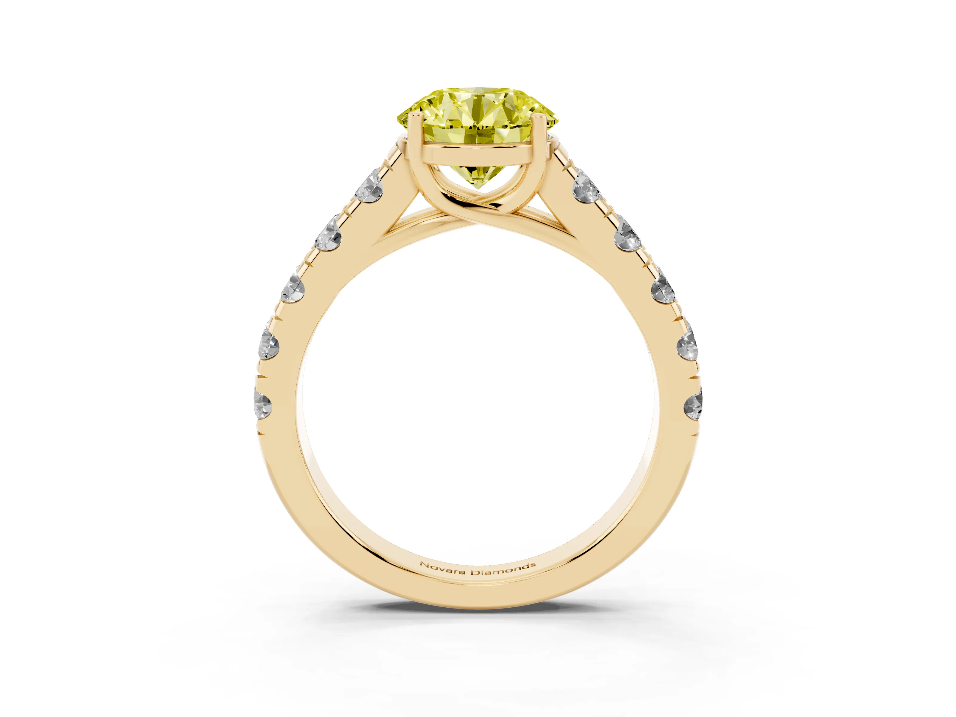 Fancy Yellow Round Cut Diamond Solitaire Ring Set in Yellow gold with Cut-Down Micro Pavé Band and Prong Setting