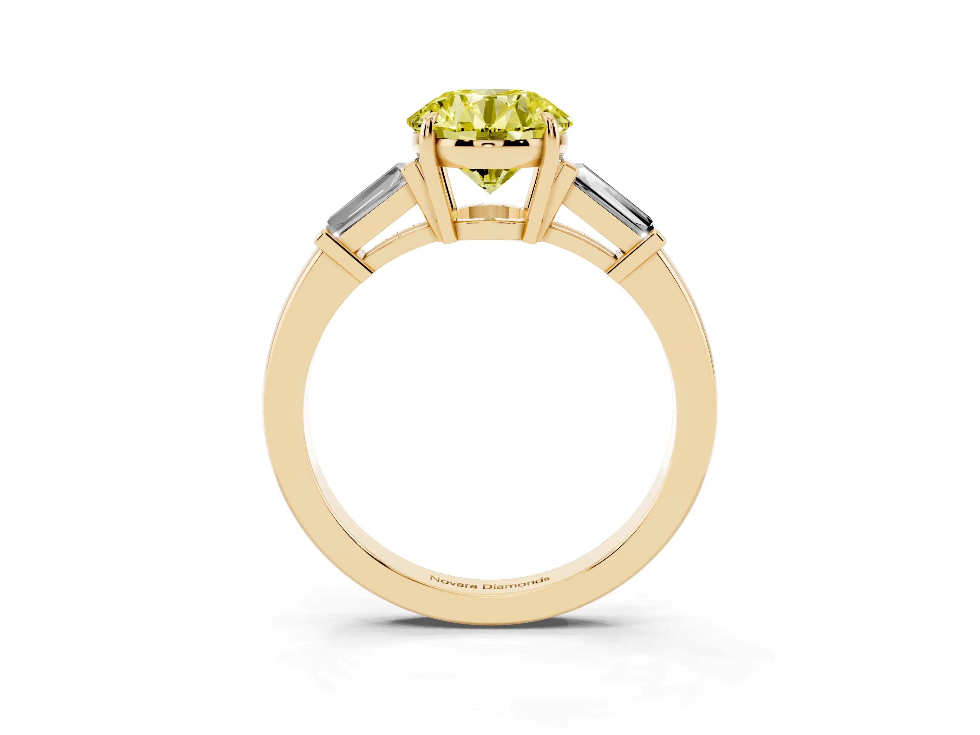 Fancy Yellow Round Cut Diamond Three-Stone Ring Set in Yellow gold with Tapered Baguette Side Stones and Prong Setting