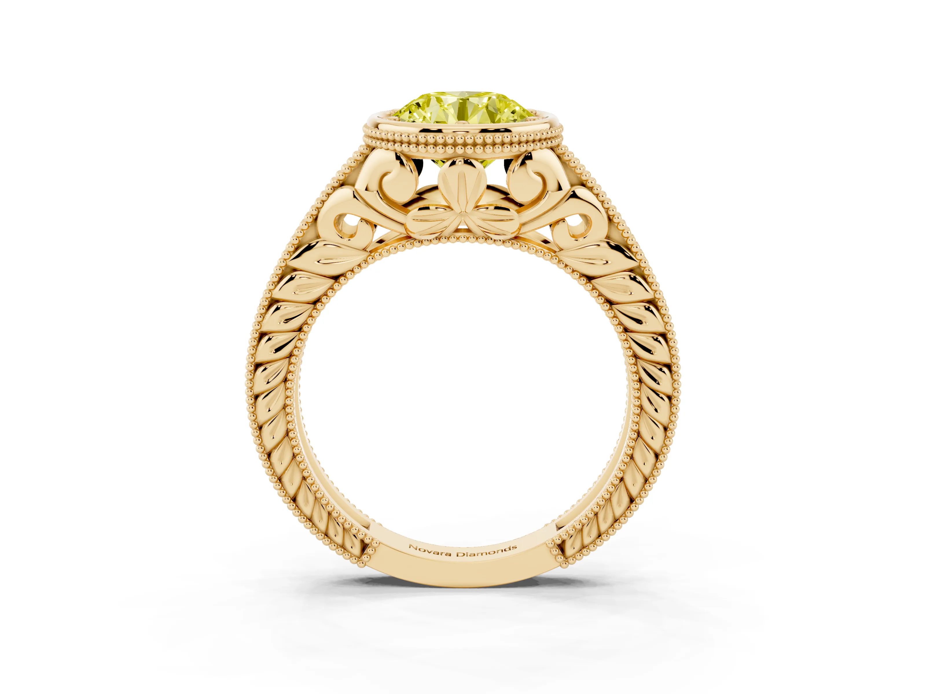 Fancy Yellow Bezel Set Round Cut Diamond Milgrain Pavé Engagement Ring Set in Yellow gold